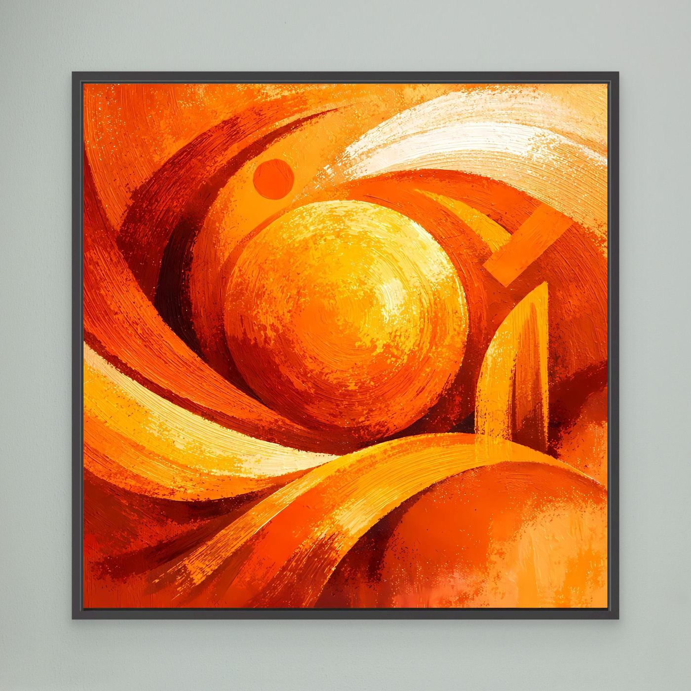 Leinwand-Wandbild mit abstrakter Wirbel-Sonne in Orange und Gelb, schwarz gerahmt