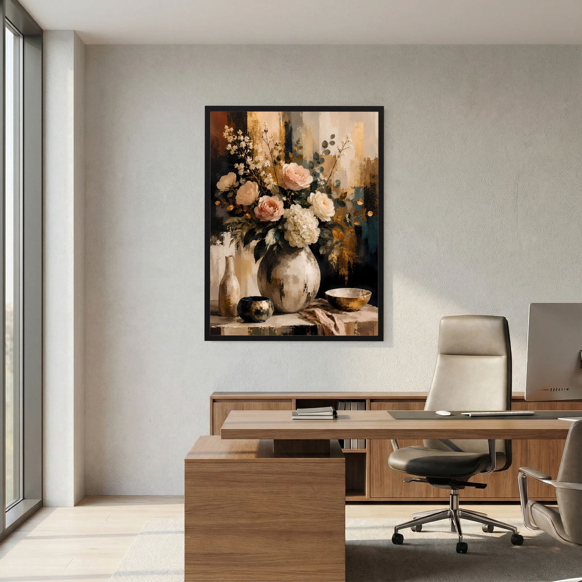 Blumenstillleben-Poster im Hochformat mit Blumen in Vase, schwarz gerahmt
