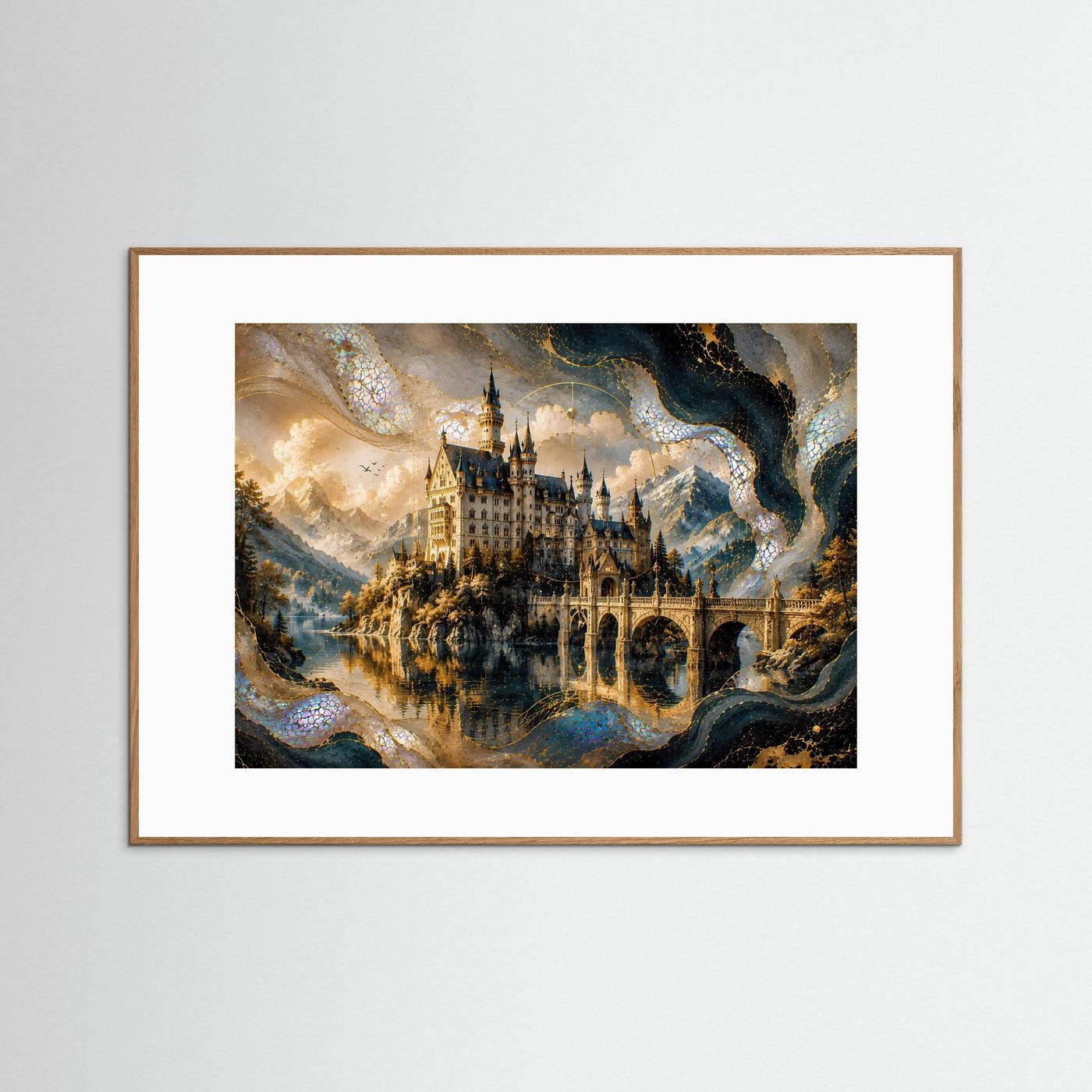Gerahmtes Poster im Querformat mit Märchenschloss in Gold- und Perlmuttfarben, mittelbrauner Holzrahmen