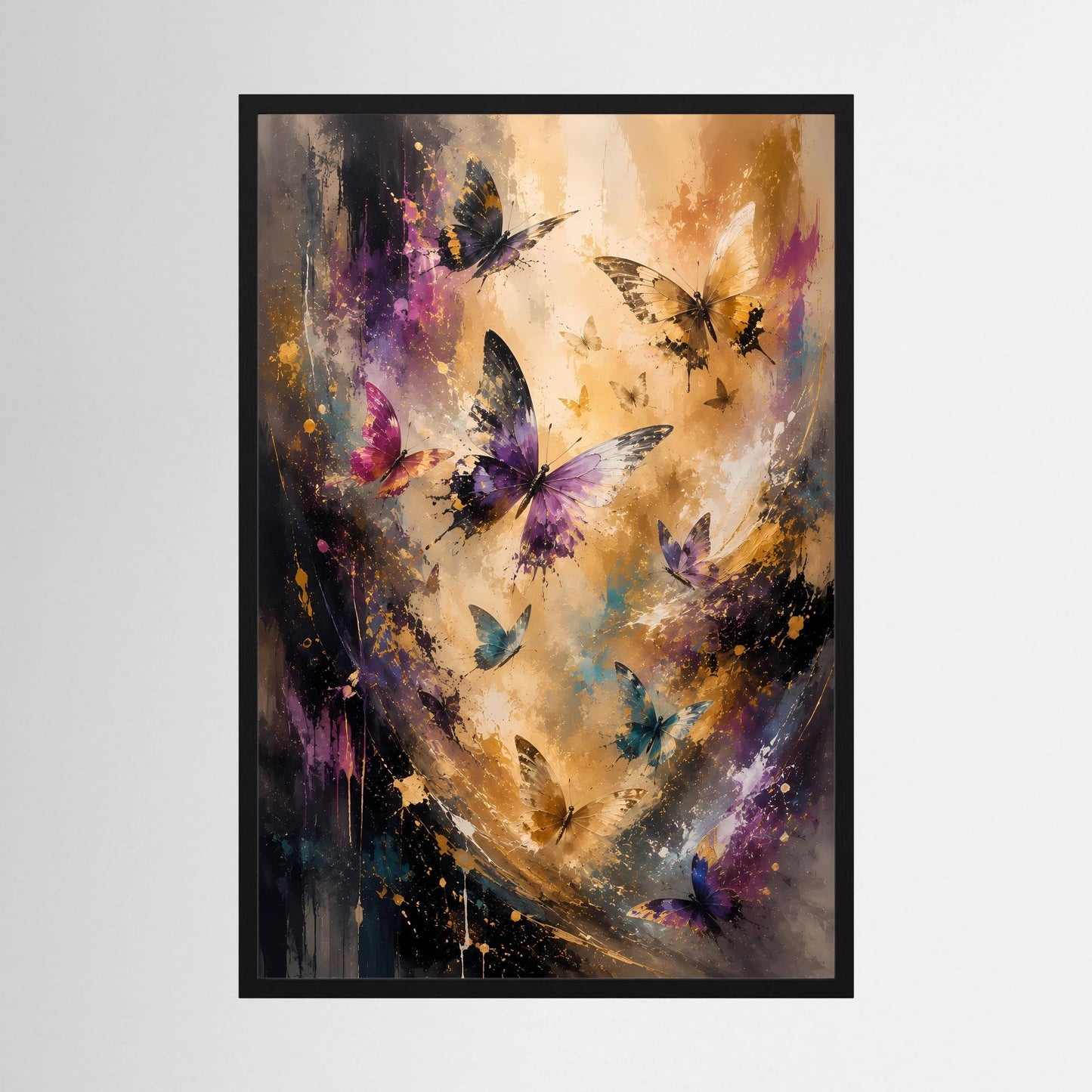 Schmetterlingsposter Hochformat: abstrakte Gold-, Violett- und Blautöne mit Schmetterlingen