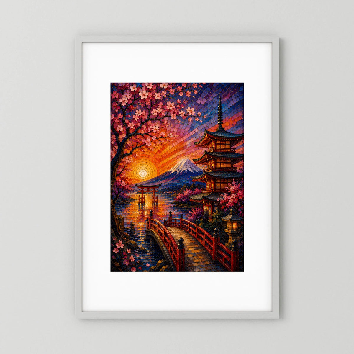 Poster im Hochformat mit Sakura-Baum, Pagode und Fuji bei Sonnenuntergang im Rahmen