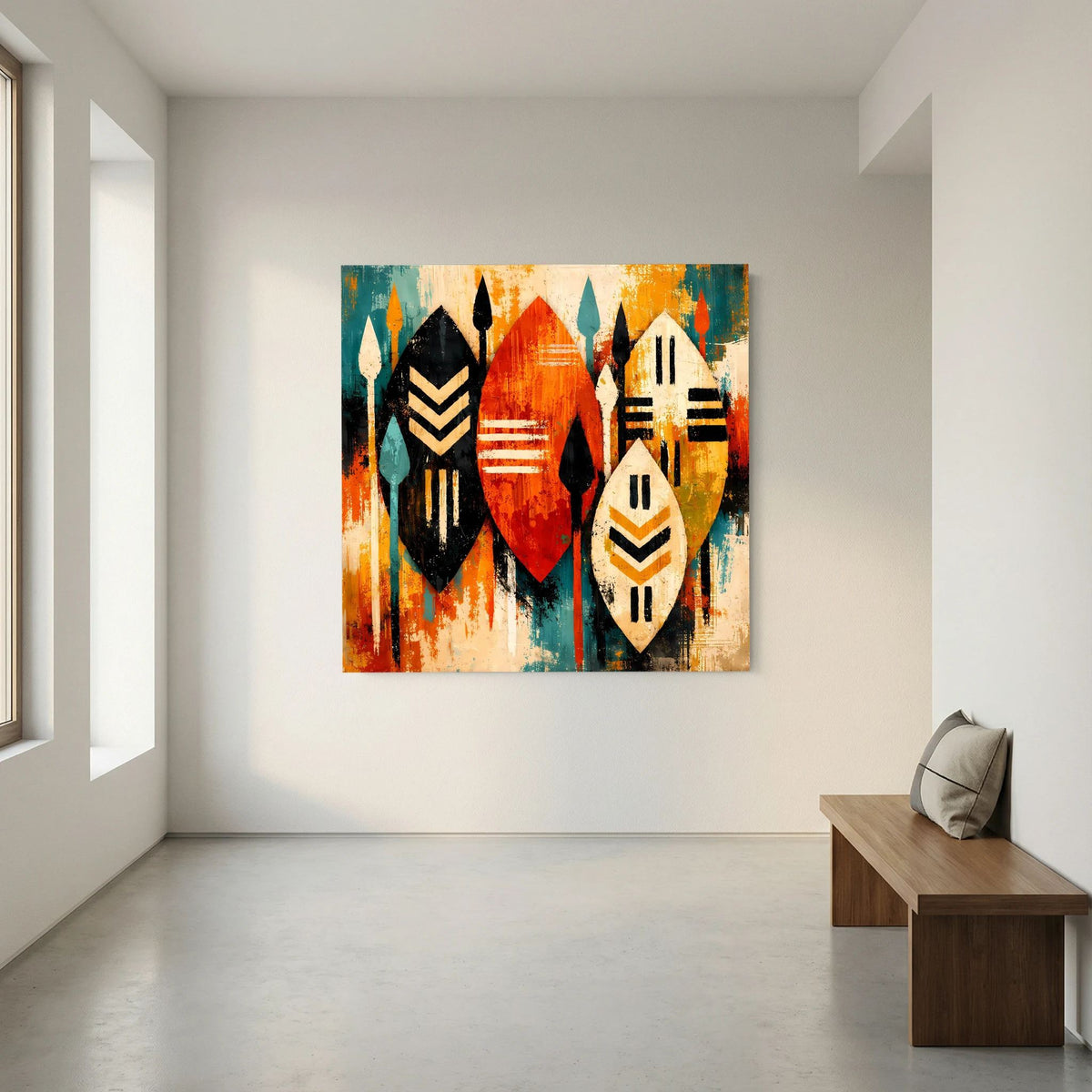 Abstraktes Wandbild: drei Schilde mit Speermotiven, orangefarbene Form in der Mitte
