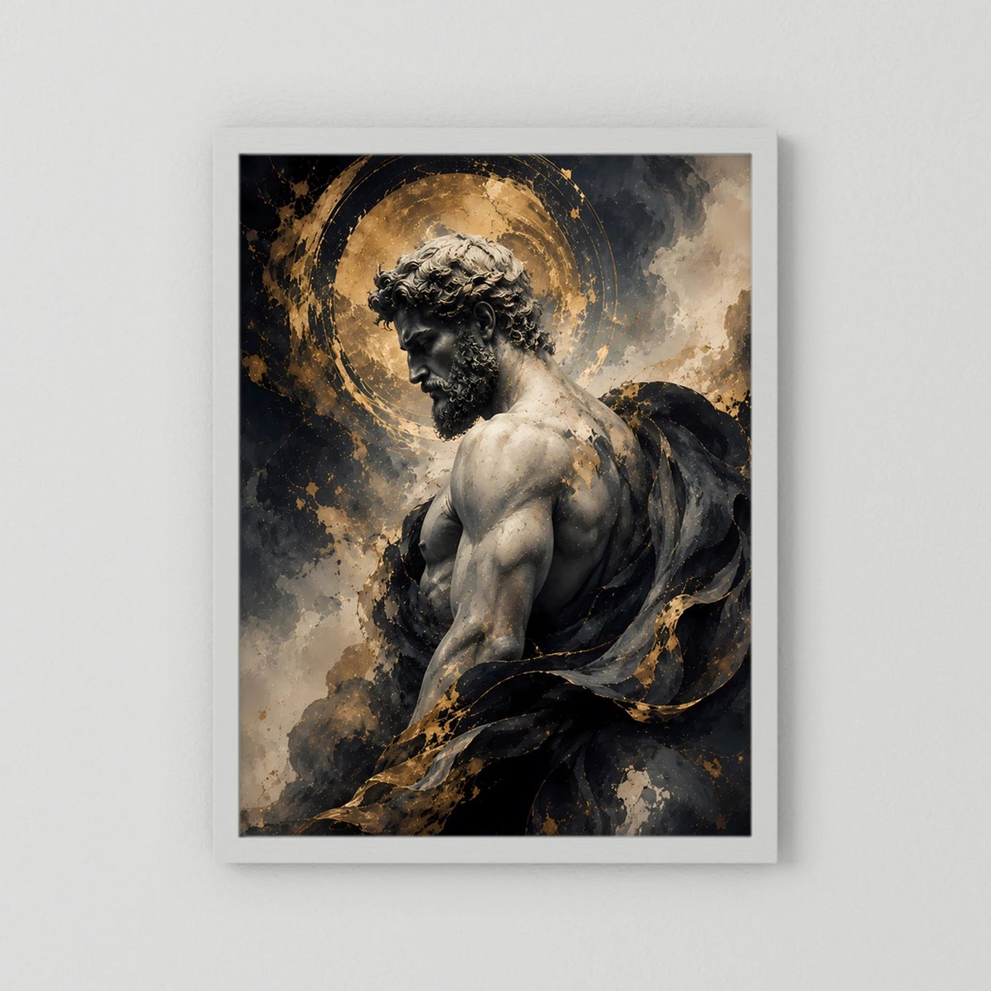 Hochformatiges Kunstposter mit Statue: schwarzer Körper, goldener Kreis-Heiligenschein.