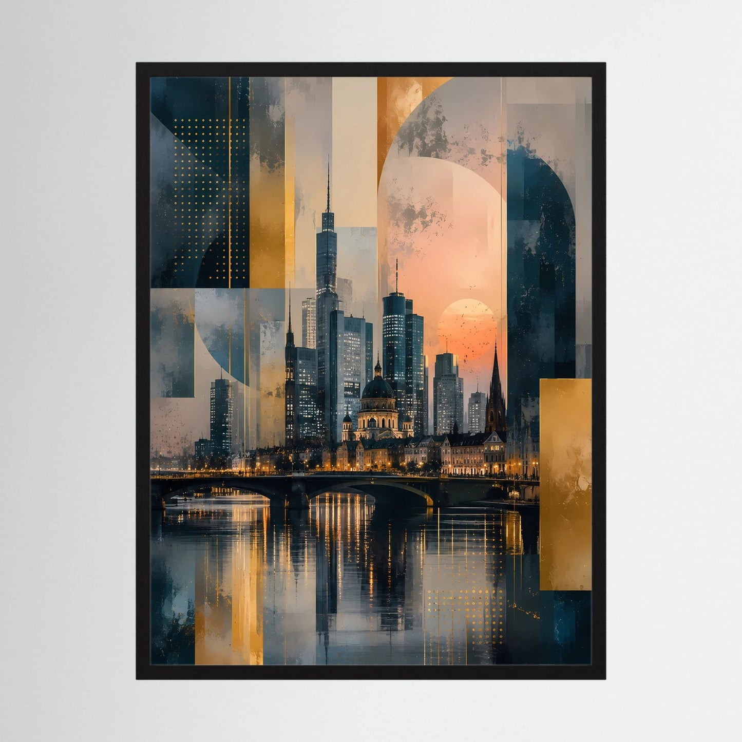 Hochformat-Poster mit abstrakter Stadtansicht in Gold und Petrol, im schwarzen Rahmen