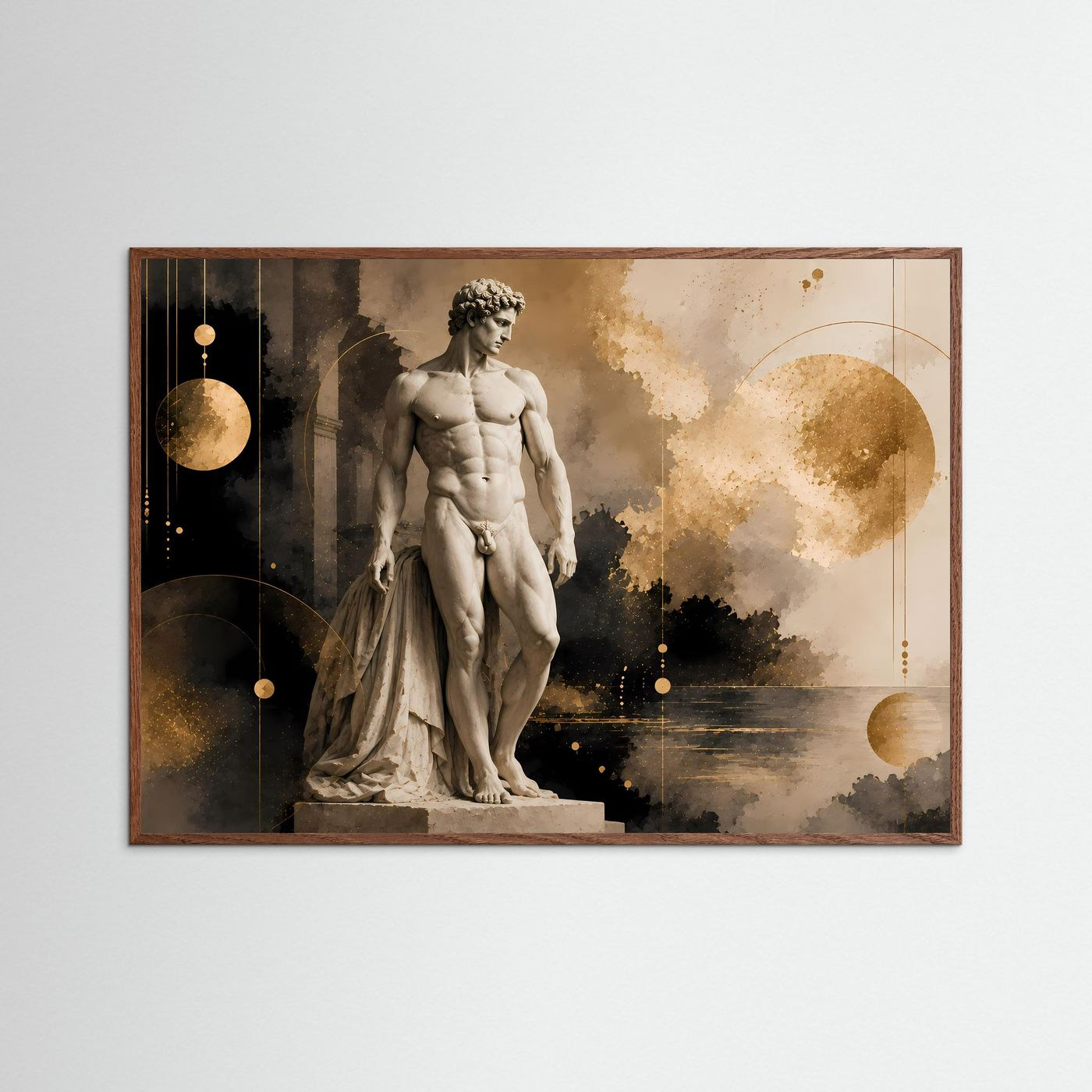 Poster mit antiker Männerstatue, brauner Holzrahmen, Gold- und Brauntöne, Querformat