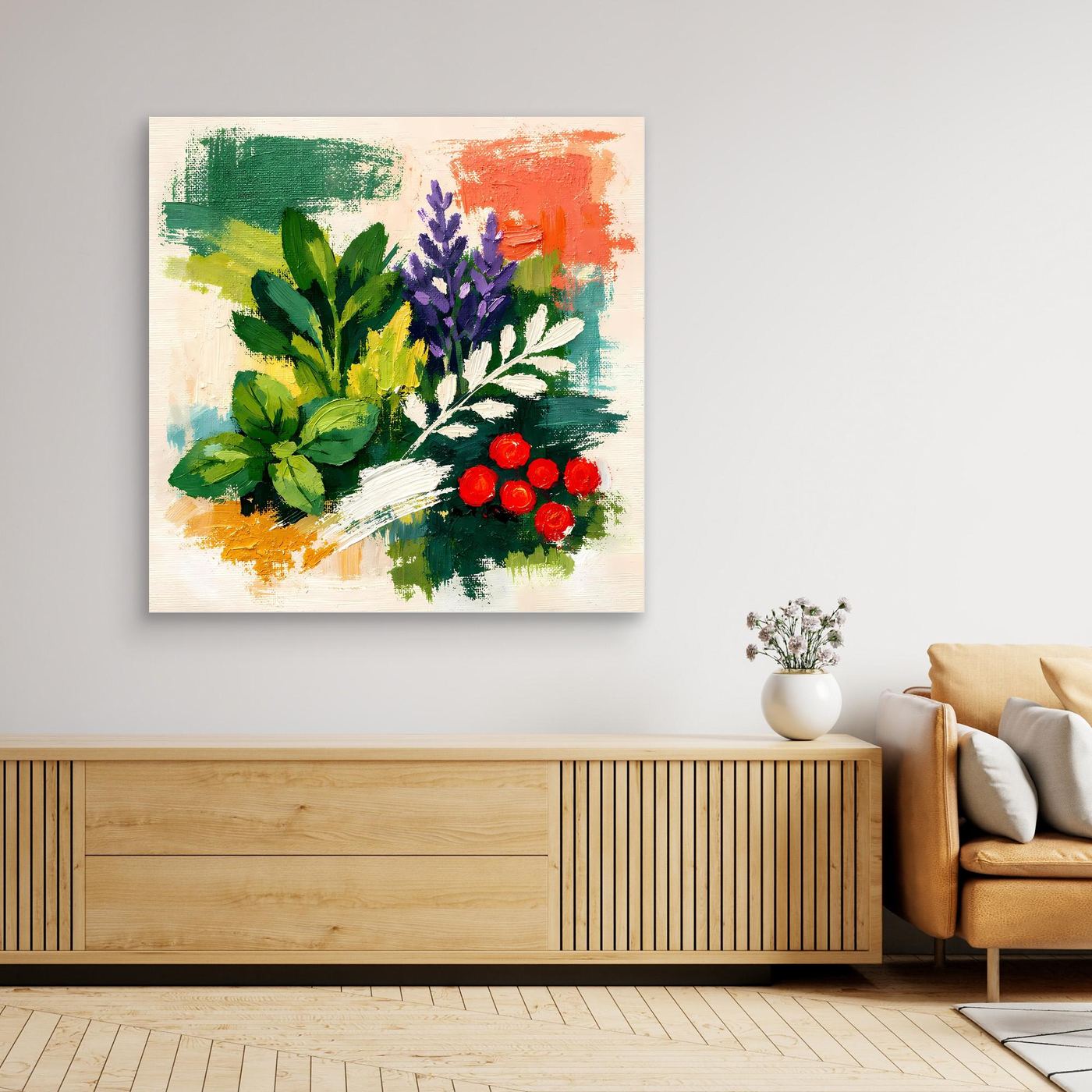 Abstract herb bouquet wall art, pale mat border, green leaves with purple sprig and red berries