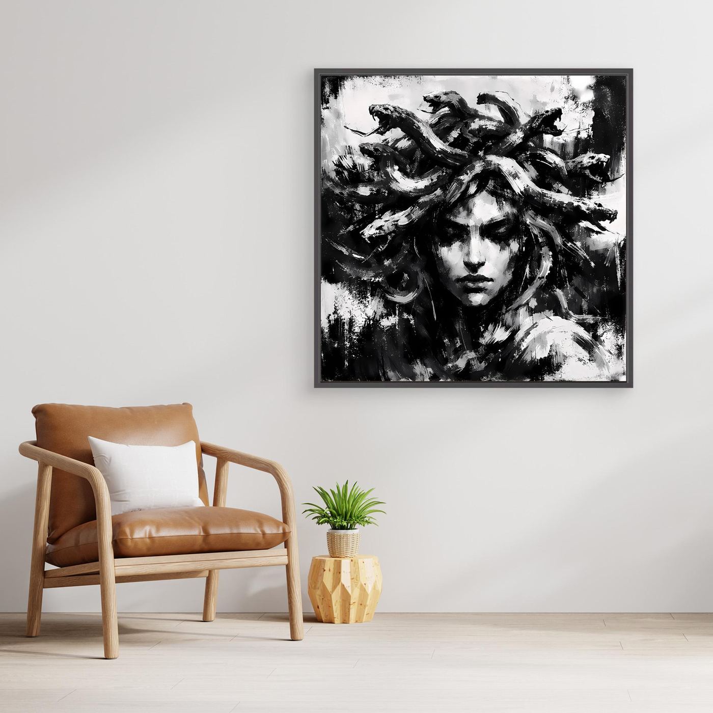 Abstract Medusa canvas wall art with black frame, monochrome portrait with textured hair