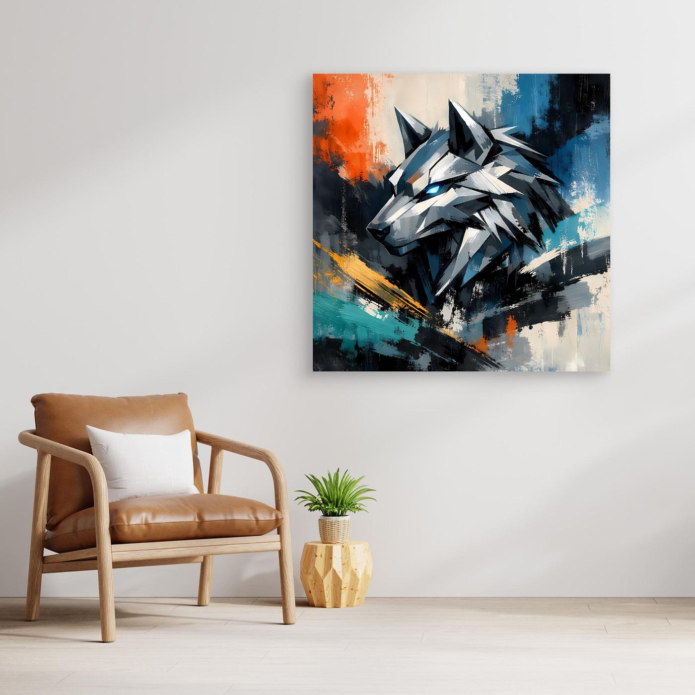 Leinwandbild mit geometrischem Cyber-Wolf, abstraktes Mecha-Motiv in Blau, Orange und Grau
