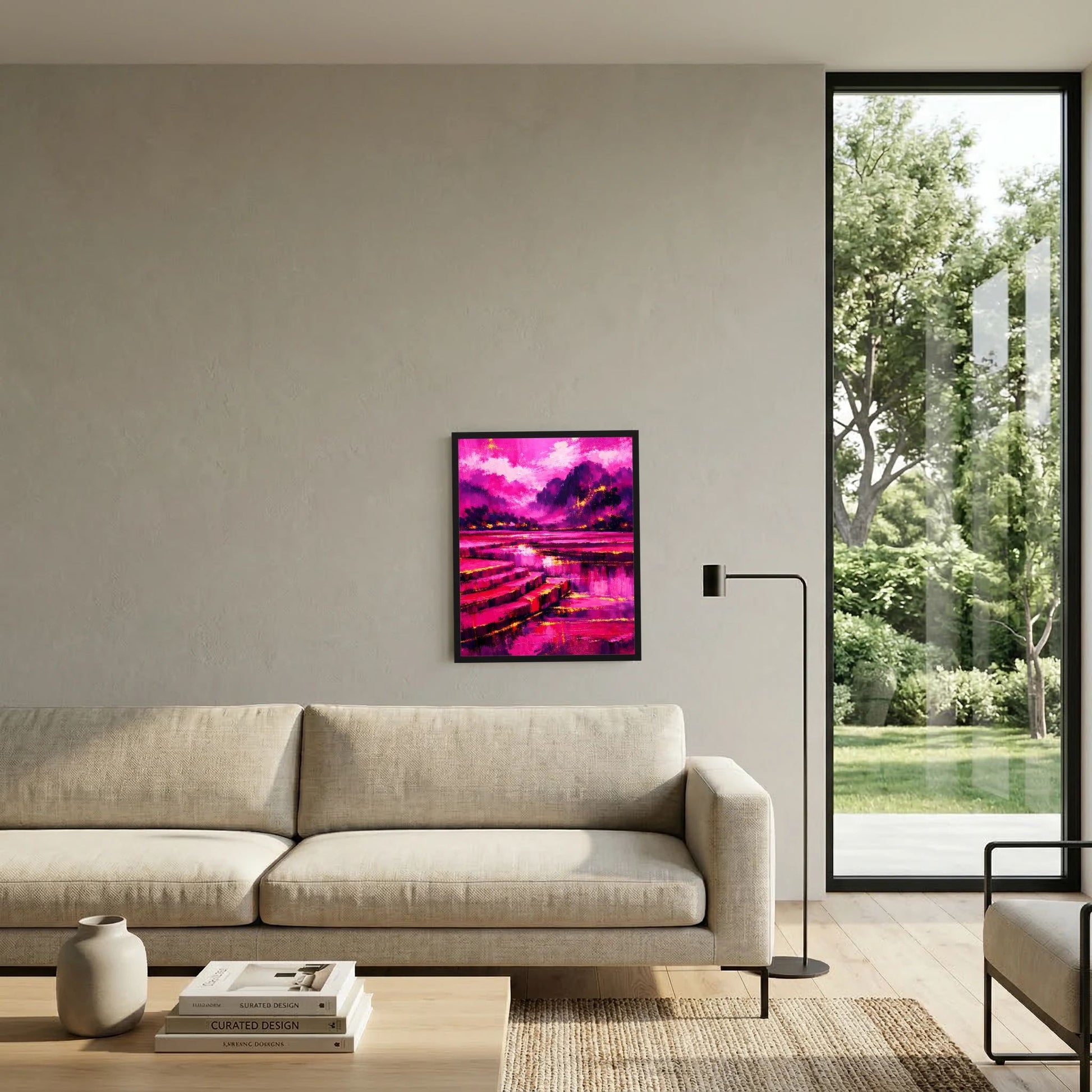 Gerahmtes Poster mit abstrakter Pink-Magenta Landschaft, See und Lichtreflexen