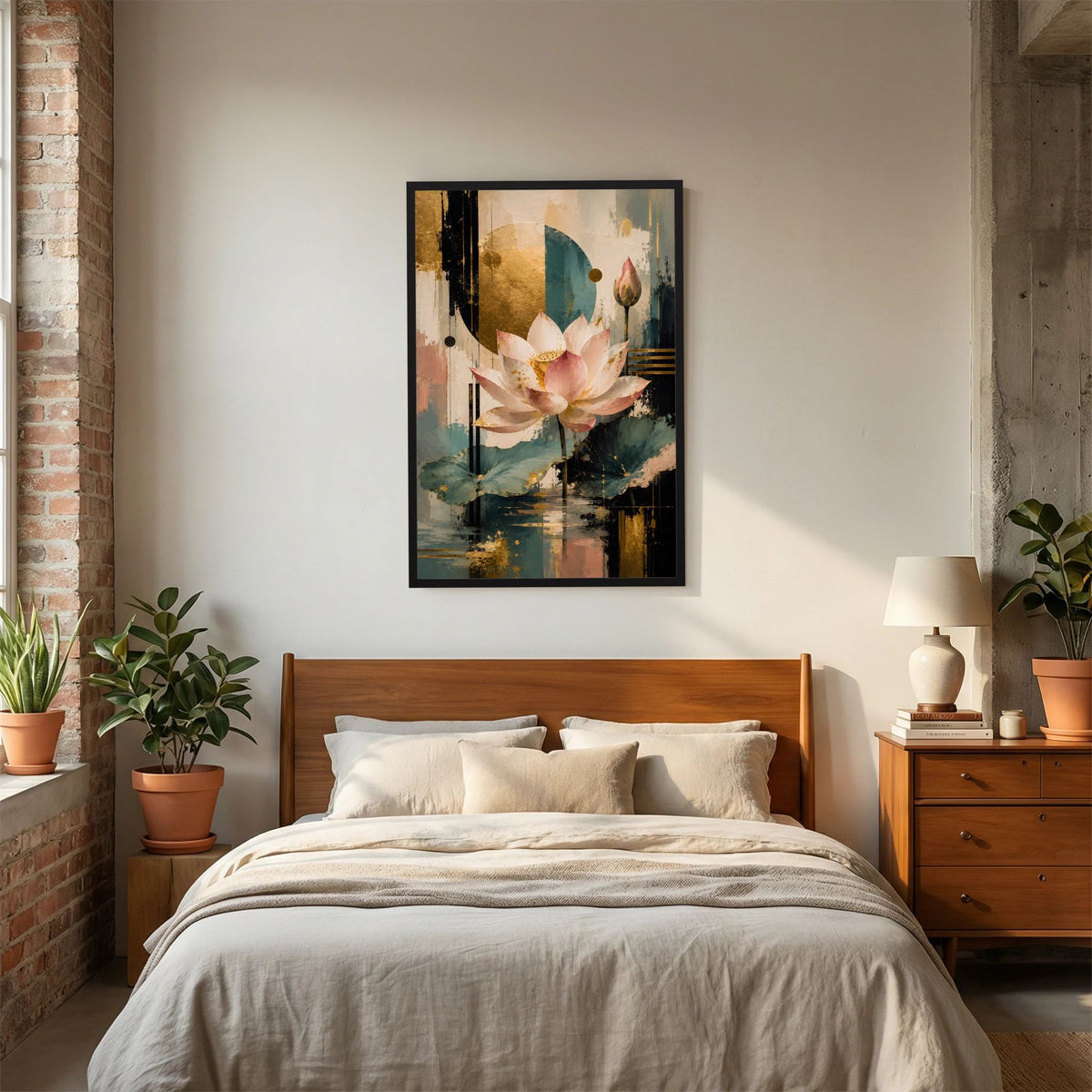 Gerahmtes Lotusblüten-Poster in Rosa und Gold mit Türkis und dunklen Streifen, Hochformat.