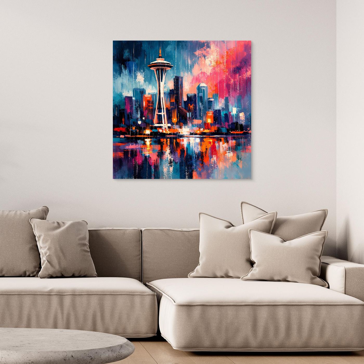 Leinwand-Wandbild mit Space Needle und nächtlicher Skyline, spiegelnder Wasserfläche