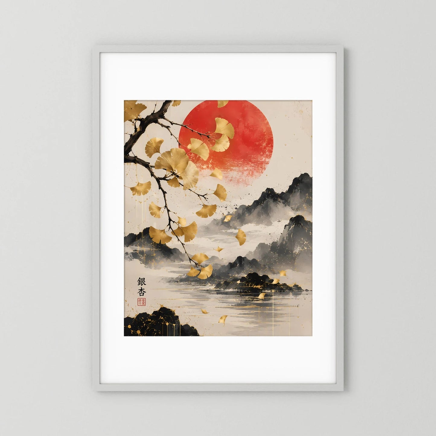 Poster im weißem Rahmen mit Passepartout: goldene Ginkgozweige, rote Sonne, Berge und Wasser