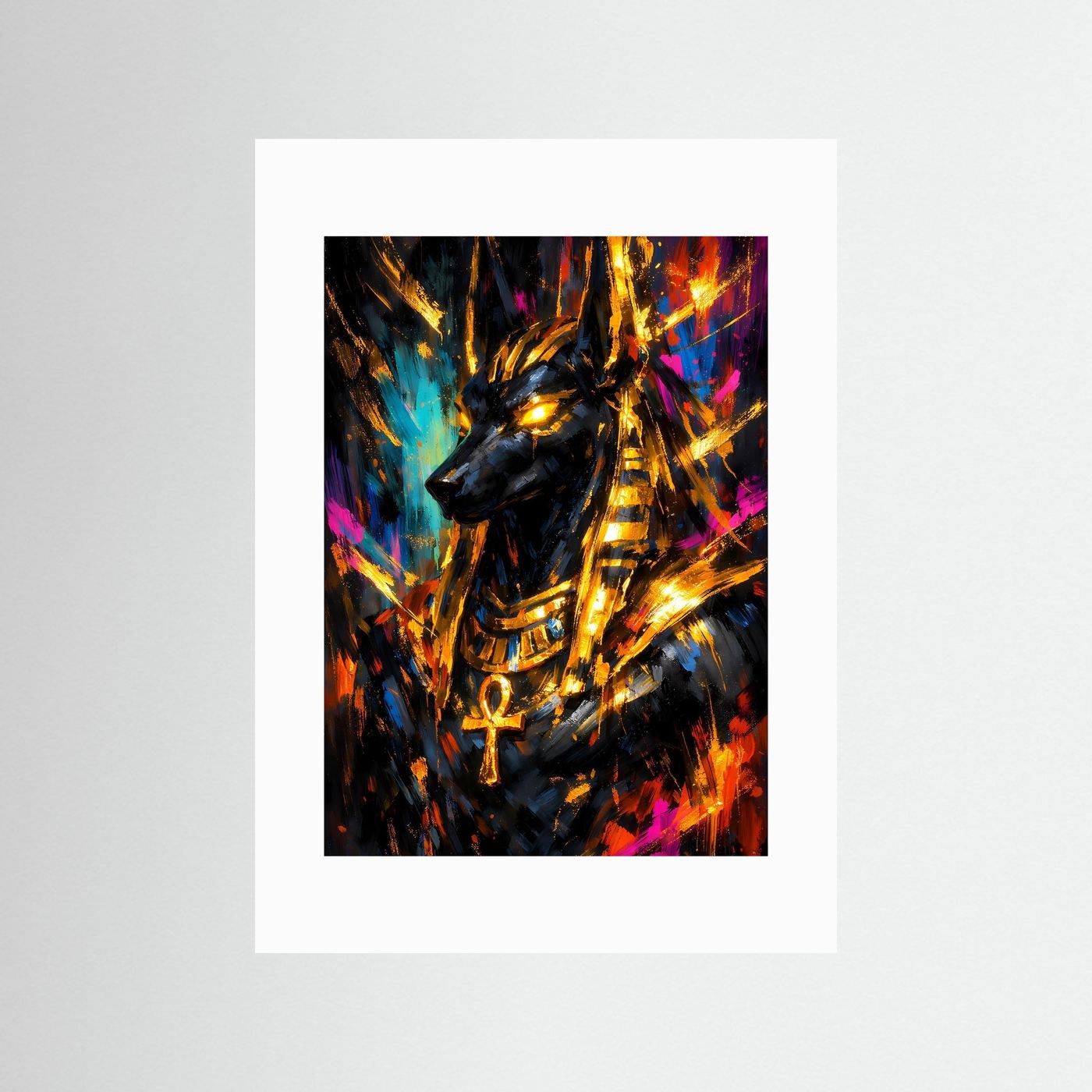 Hochformatiges Poster mit Anubis-Maske, goldenen Neon-Lichtlinien und Kreuz mit weißem Passepartout