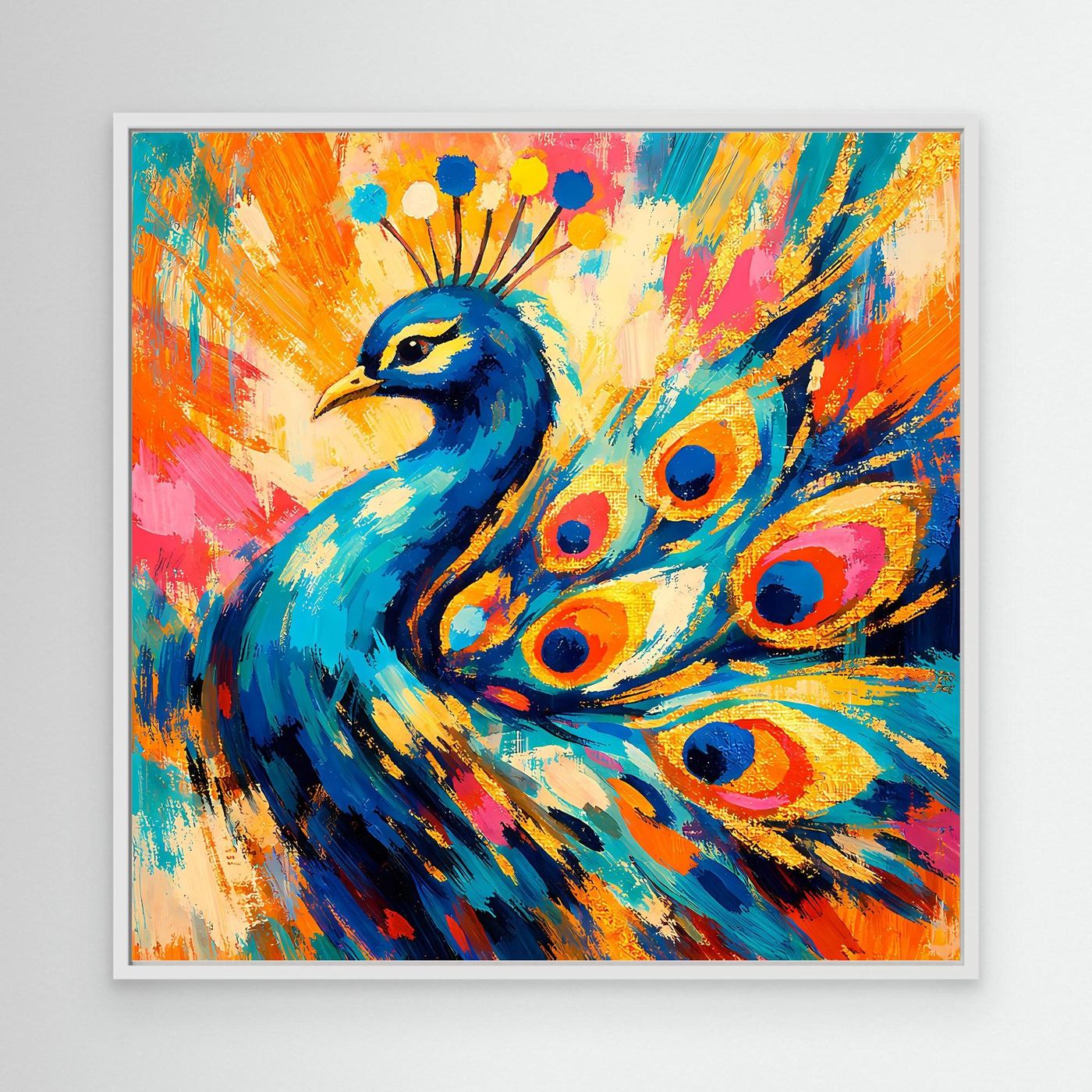 Leinwandbild mit abstraktem Pfau im weißen Rahmen, blaue Silhouette und bunte Federn