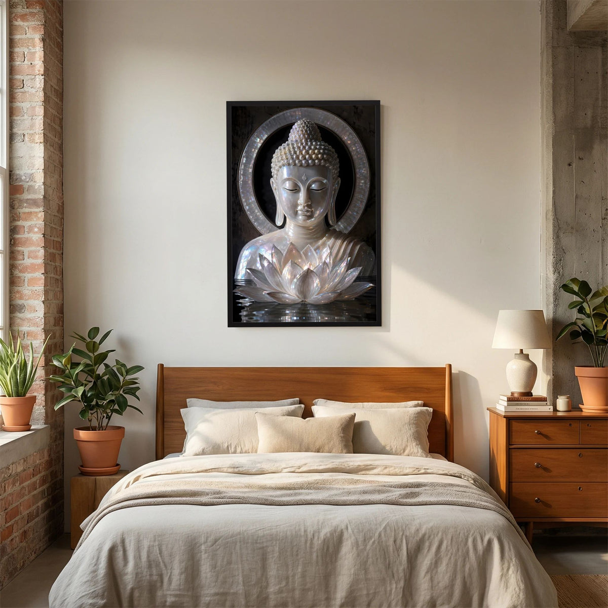 Wandposter mit Buddha im Kreis und Lotusblüten, silberfarben, schwarzer Rahmen, Hochformat