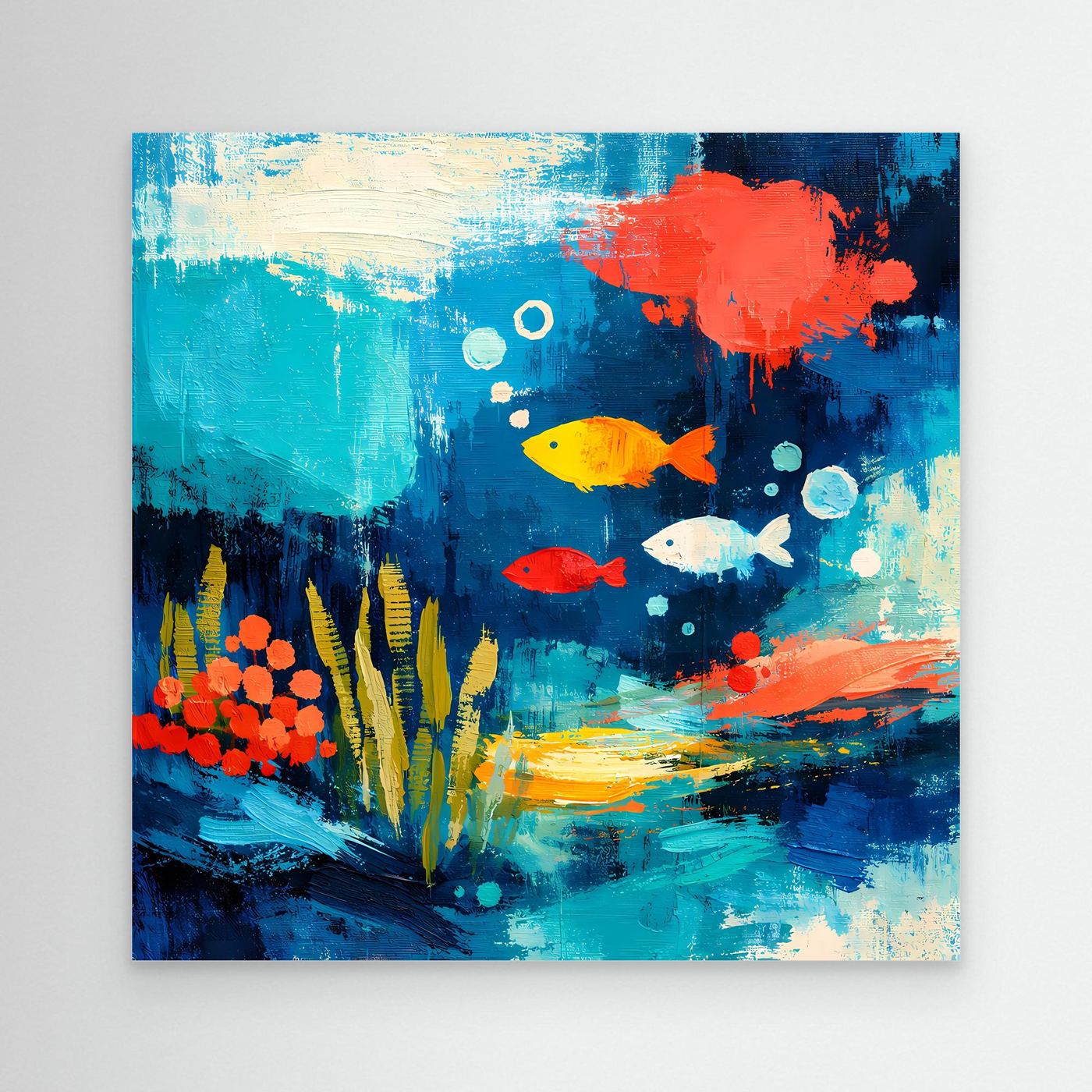 Underwater abstract wall canvas with colorful fish and coral in blue and red tones