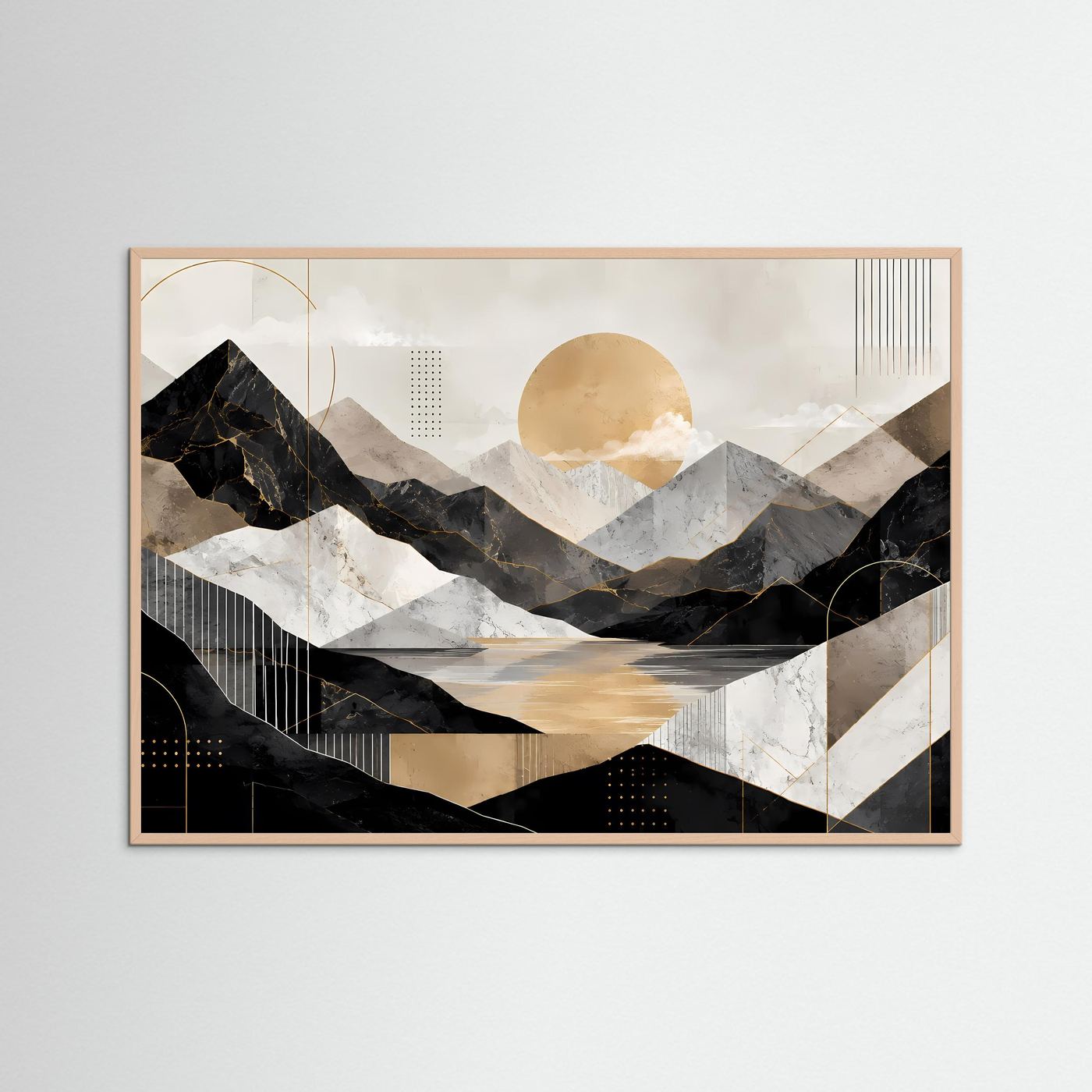 Abstraktes Poster mit Berglandschaft, See und goldener Sonne; heller Holzrahmen.