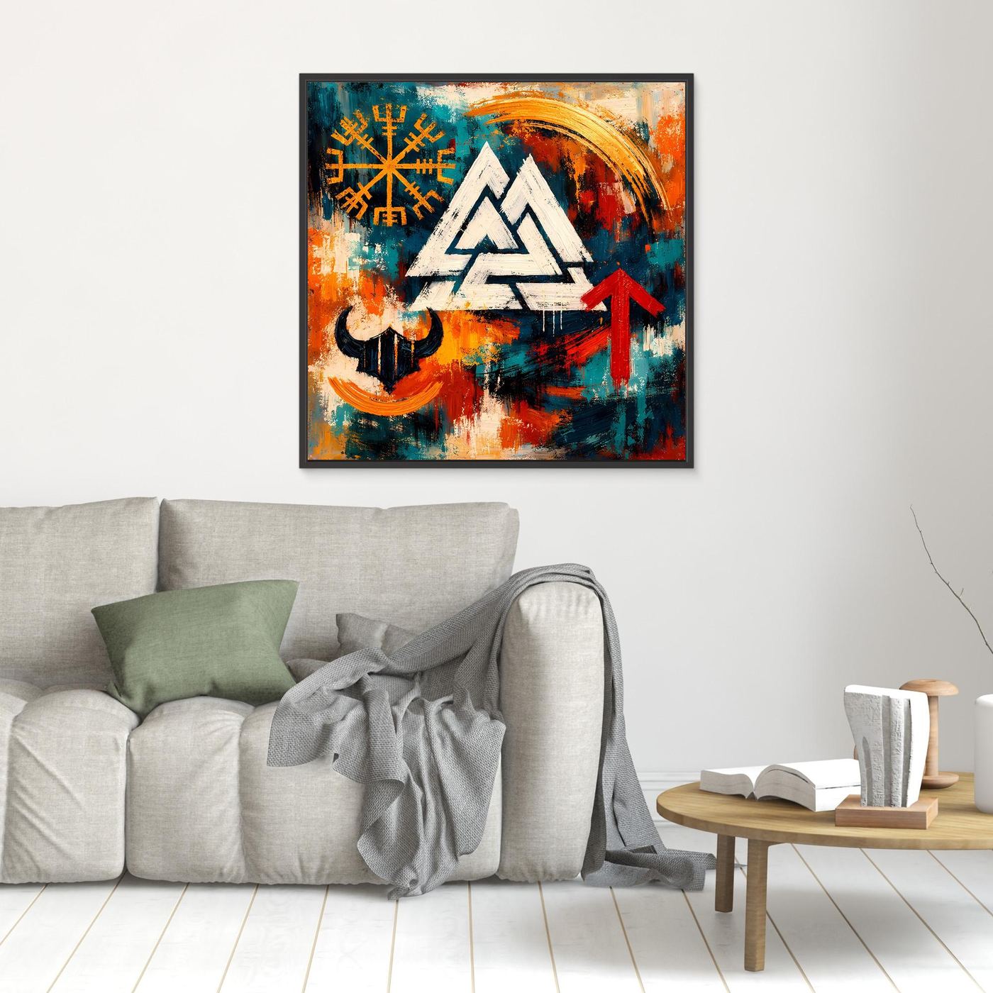 Quadratisches Wandbild mit weißem Dreieckssymbol, Runen und rotem Pfeil, schwarz gerahmt