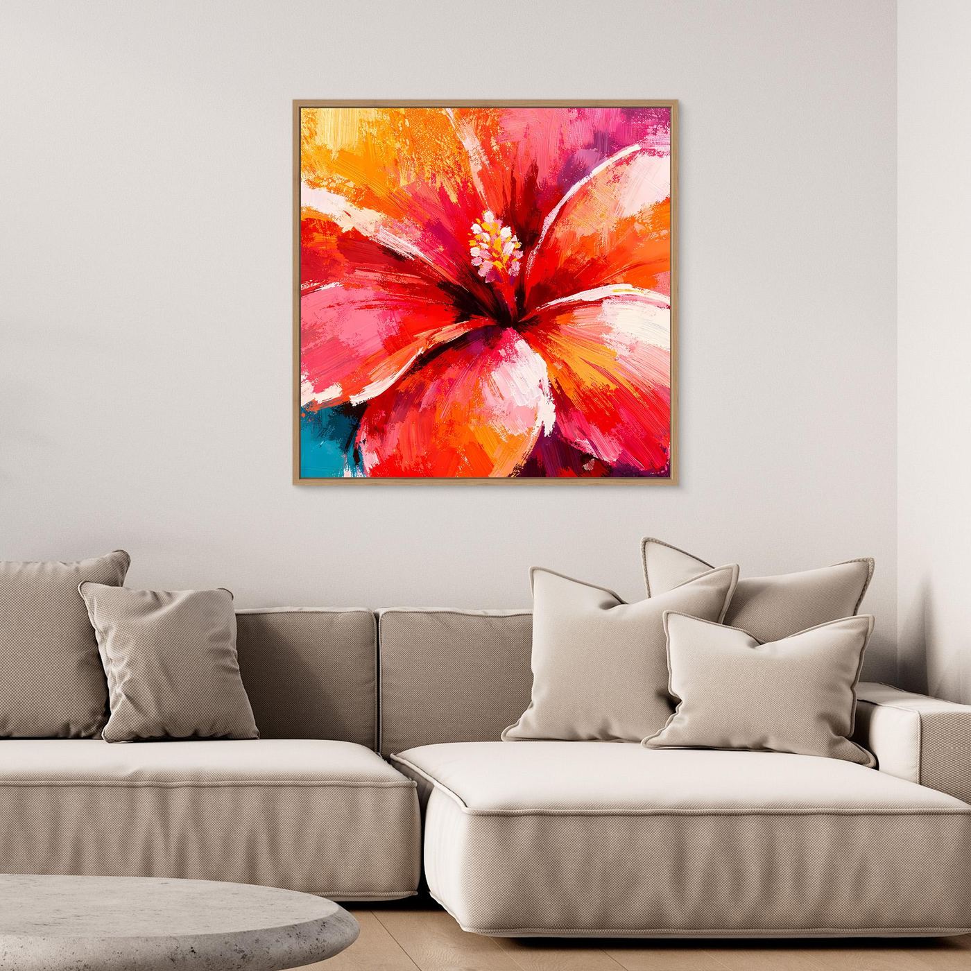 Leinwand Abstraktes Hibiskus Blütenbild | Modernes Tropen Wandbild Rot Pink