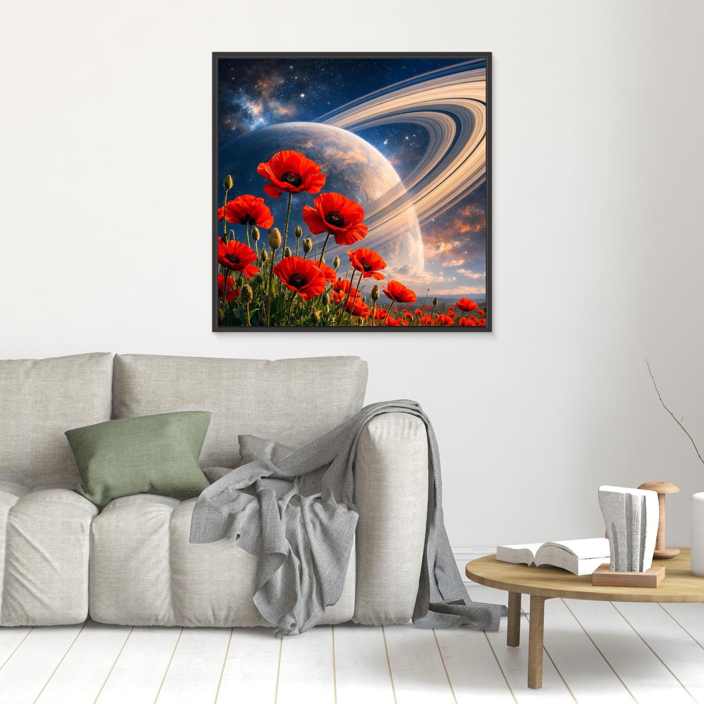 Leinwandbild mit roten Mohnblumen, Planet und Spiralnebel im Weltraum, schwarzer Rahmen