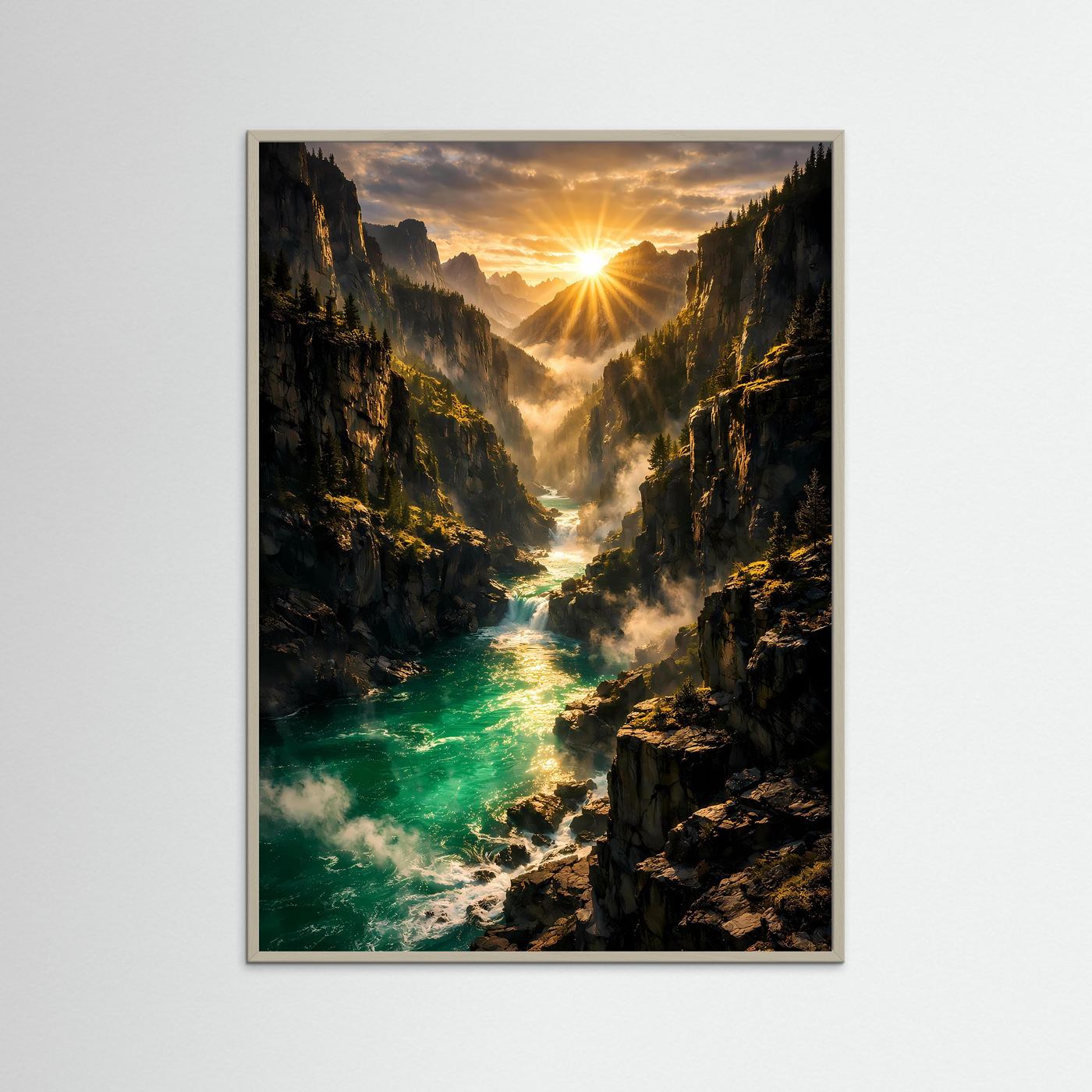 Vertikales Bergposter im grauen Rahmen mit Sonnenaufgang über Smaragdfluss in Schlucht