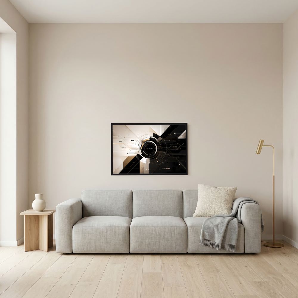 Tech-Poster im Querformat mit dunklem Rahmen und abstraktem Digital-Layout in Schwarz und Gold