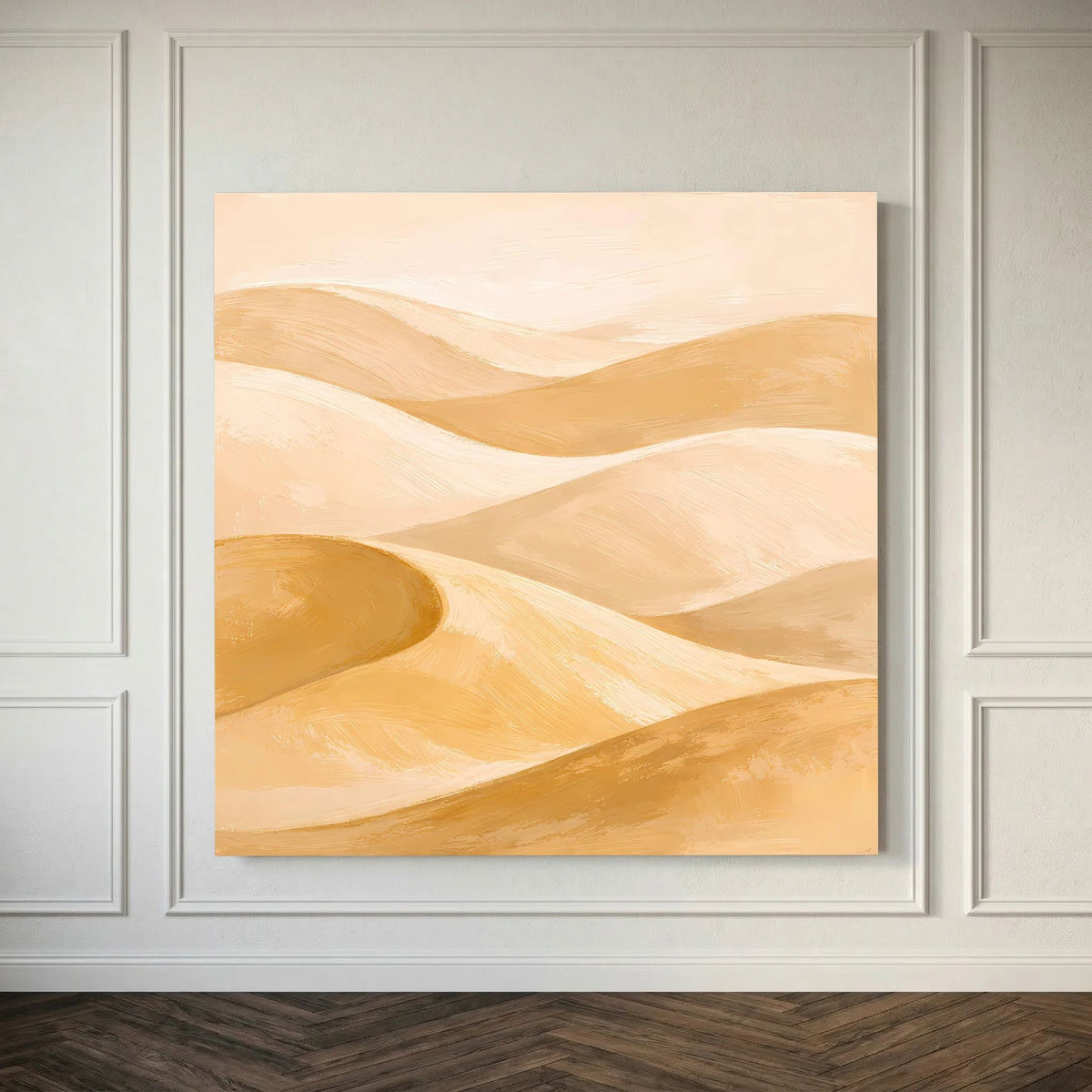 Quadratisches Leinwand-Wandbild mit abstrakten Wüstendünen in Hellbeige und Goldtönen im Rahmen