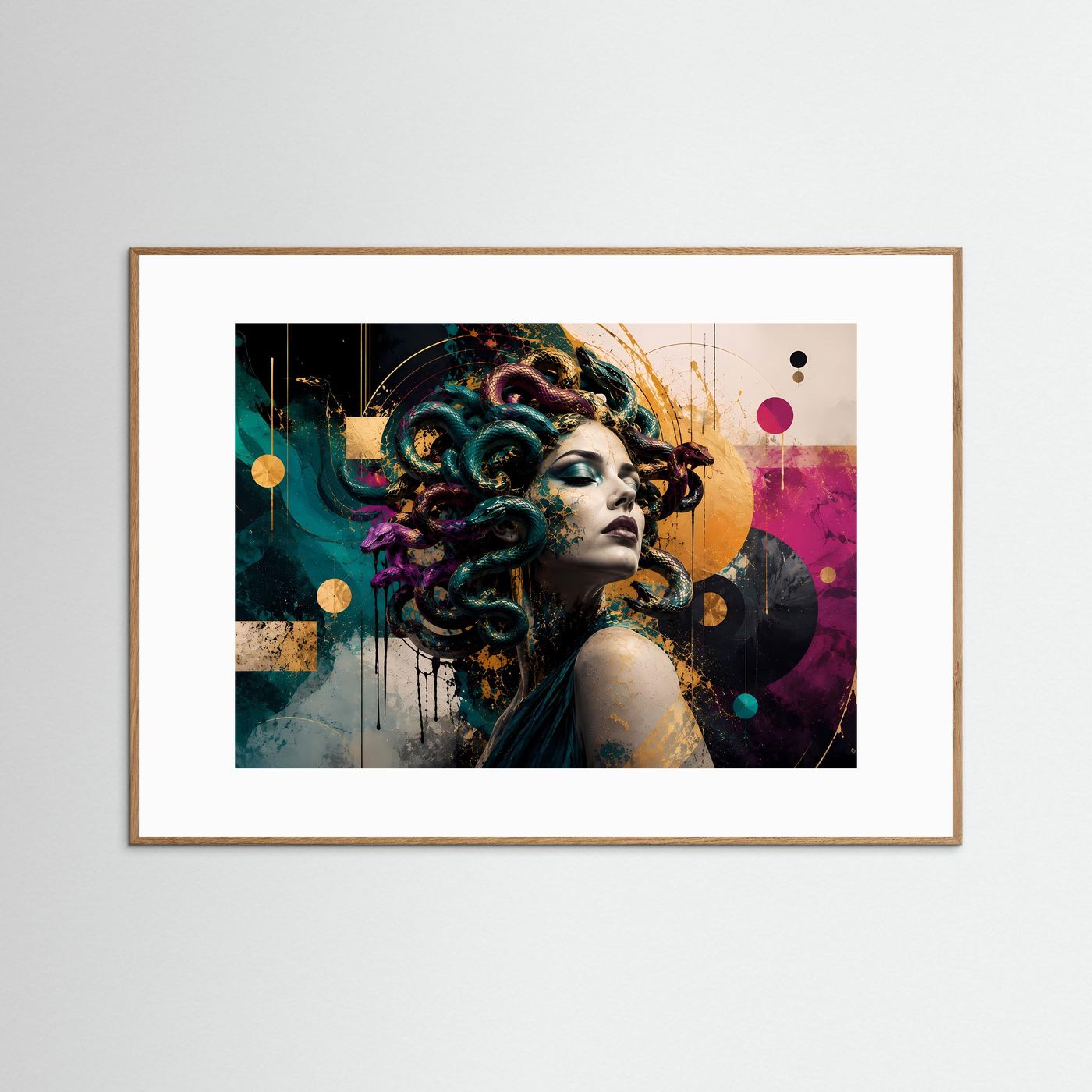 Medusa Poster Bunt Modern | Abstrakte Mythologie Wandkunst | Geometrische Fantasy Kunst | Farbenfrohe Gorgone | Premium Leinwand