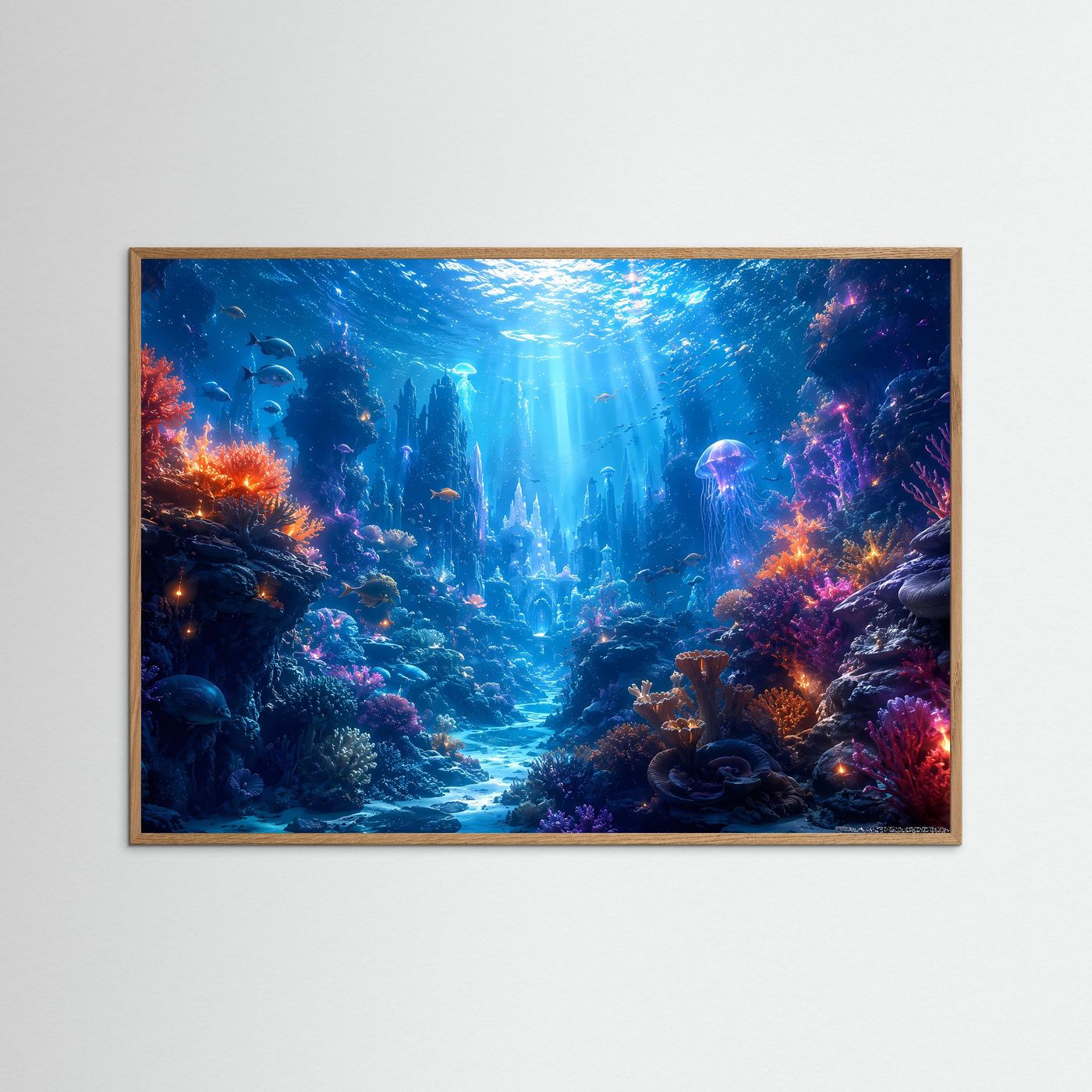 Magische Unterwasserwelt im Korallenriff | Modernes Ozean & Meeresleuchten Poster im Querformat