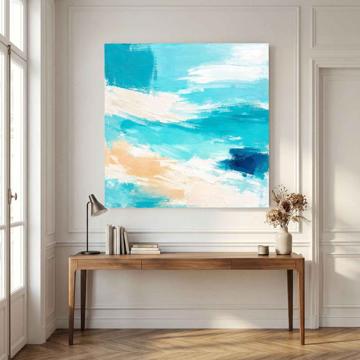 Quadratisches Leinwand-Wandbild mit abstraktem Meer: türkisfarbene Flächen, helle Schlieren, dunkle Stelle.