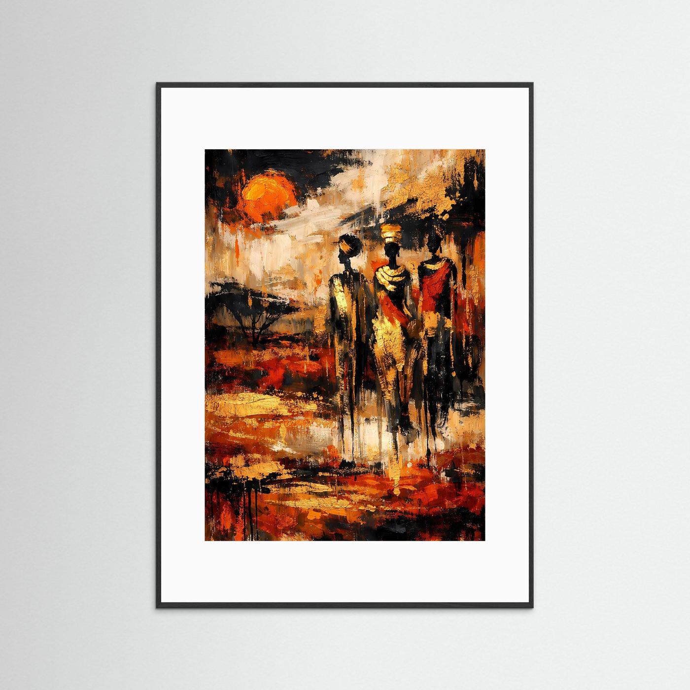 Ethno-Kunstposter mit drei Figuren, orange-goldene Sonne, erdige Farbflecken, schwarz gerahmt mit weißem Rand