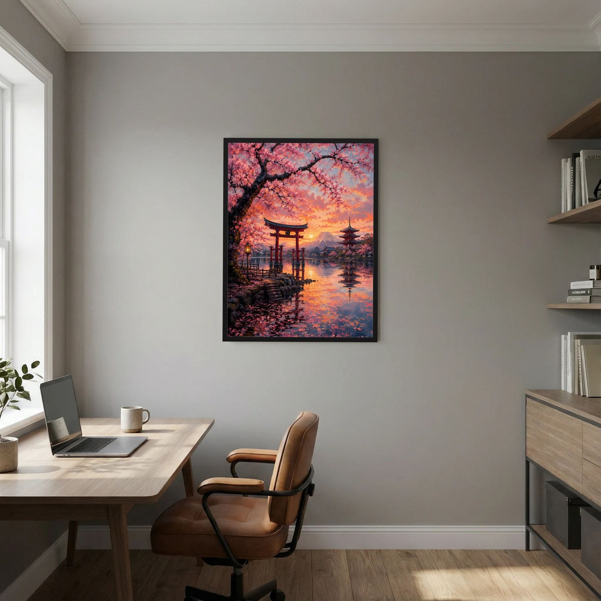 Schwarz gerahmtes Poster mit Torii-Anlage, Kirschblüten und Fuji über spiegelndem Wasser