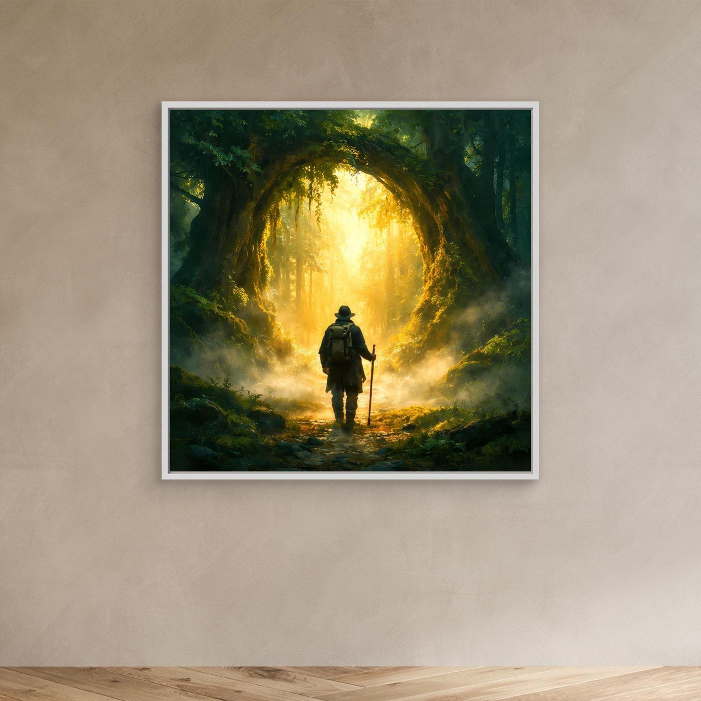 Leinwand Mystischer Wanderer am Waldportal | Abstraktes Natur Zauberwald Wandbild