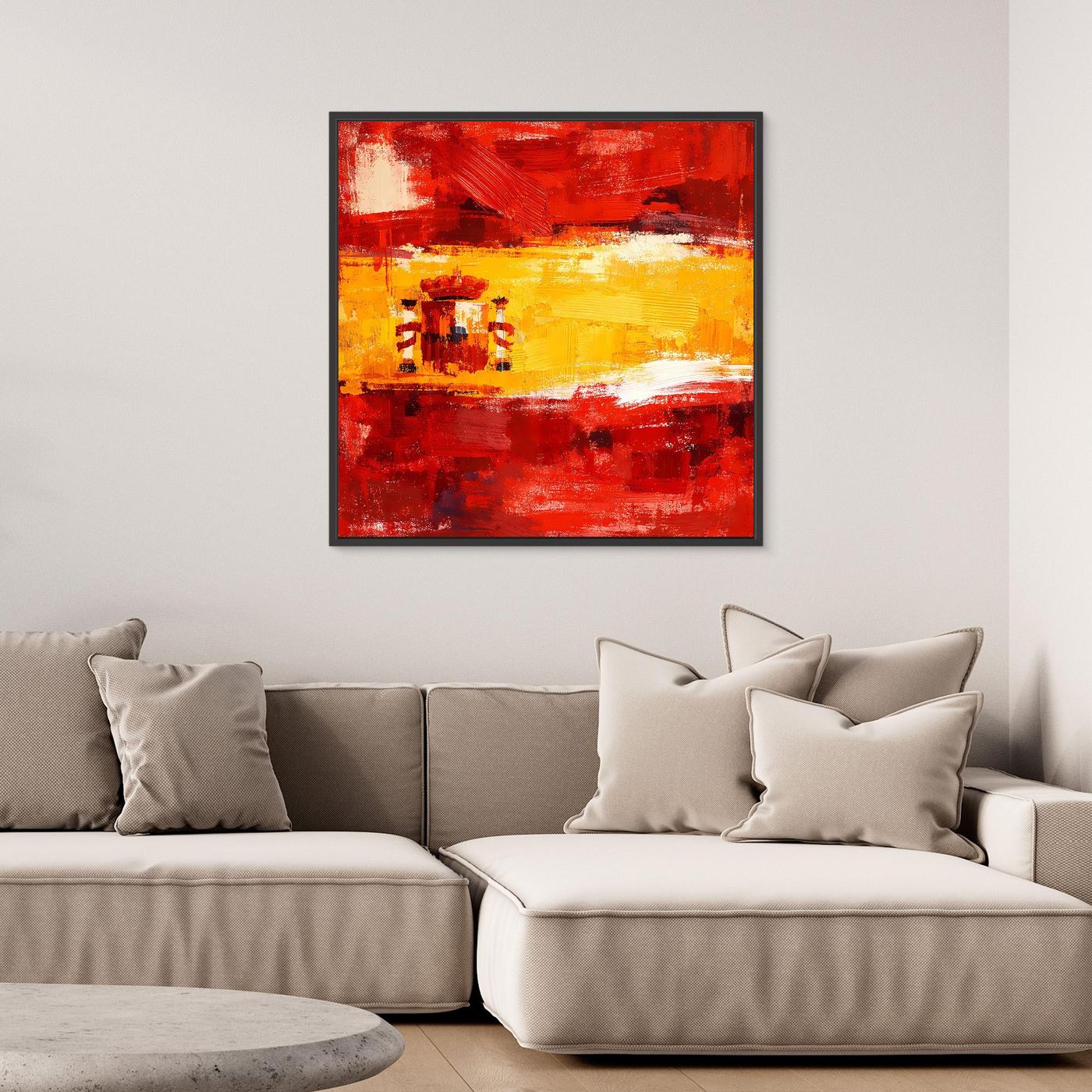 Abstract canvas wall art showing a red and yellow brushstroke flag with crest-like emblem