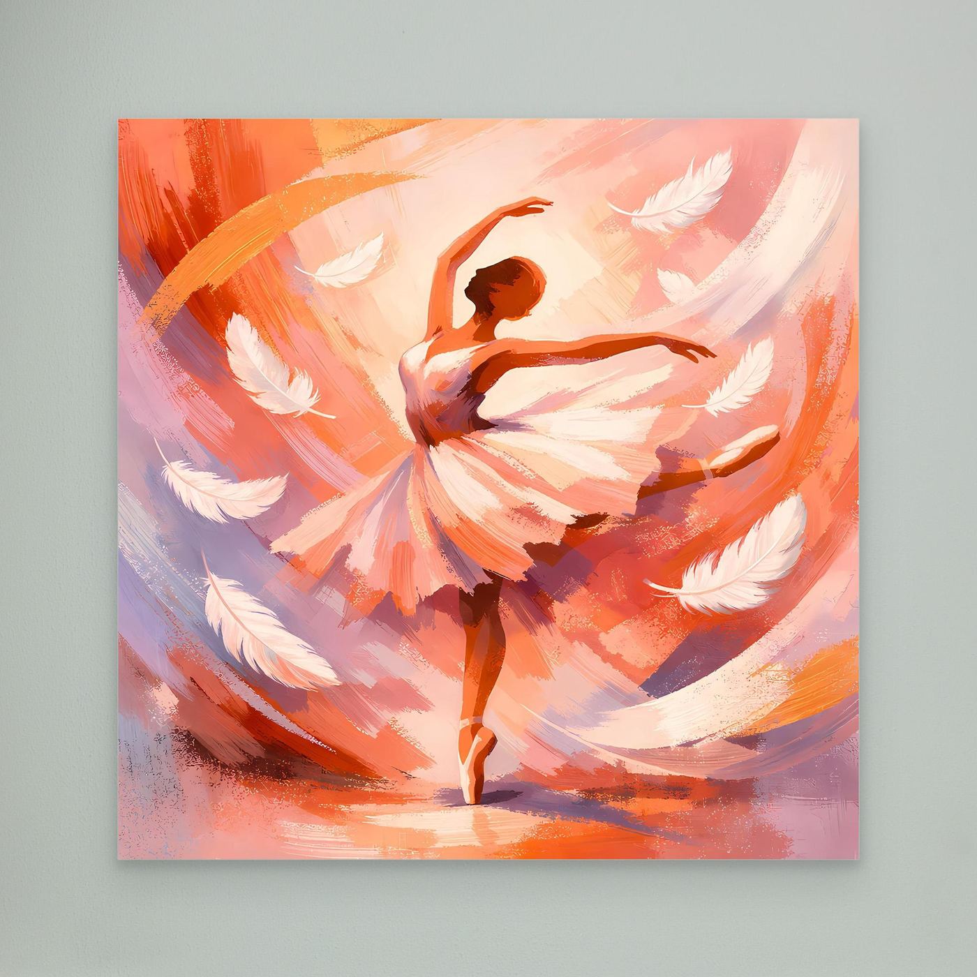Abstraktes Leinwandbild mit Ballerina in warmen Orange- und Pinktönen, ohne Rahmen
