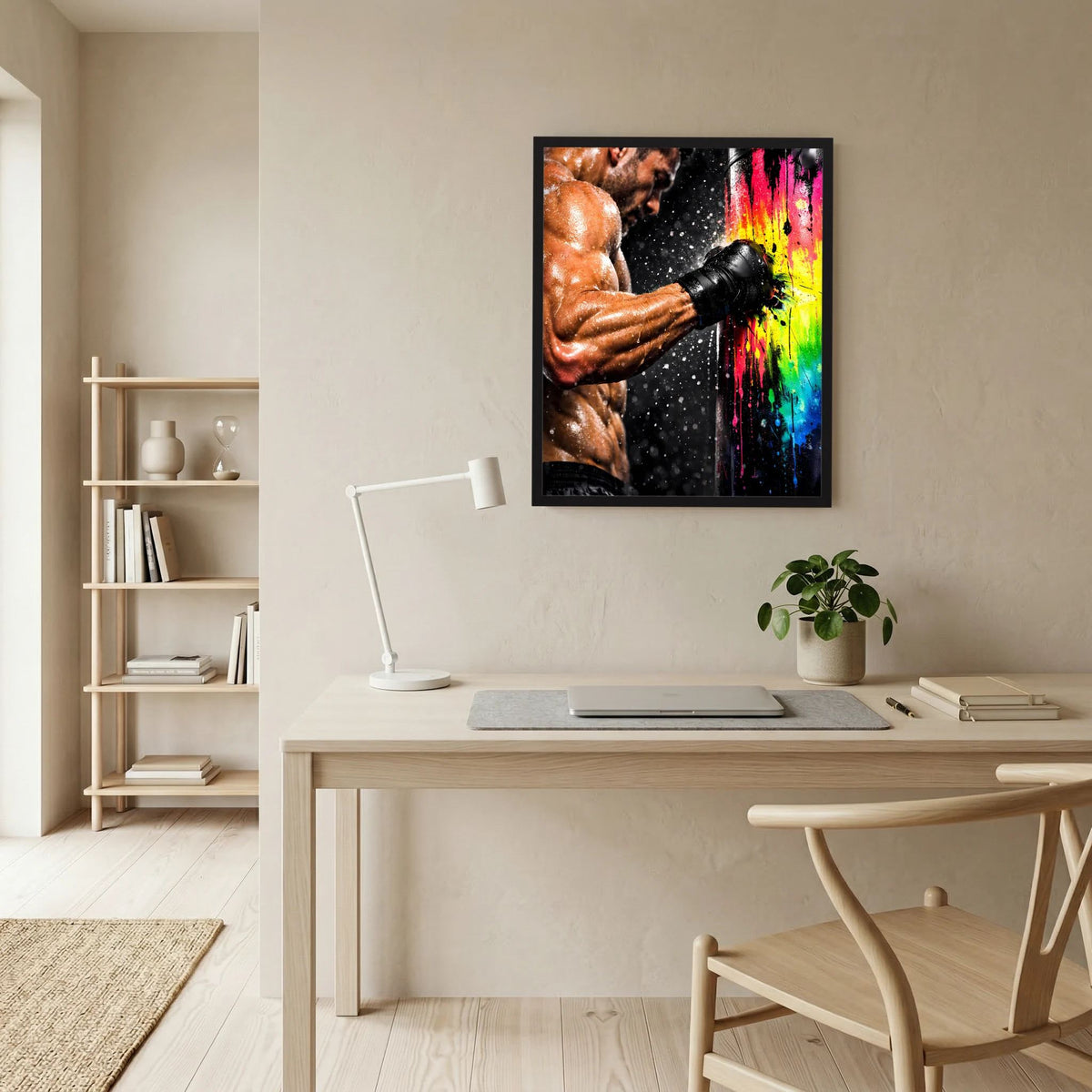 Gerahmtes Hochformat-Poster: muskulöser Boxer mit schwarzem Handschuh, Neonfarben an der Flanke