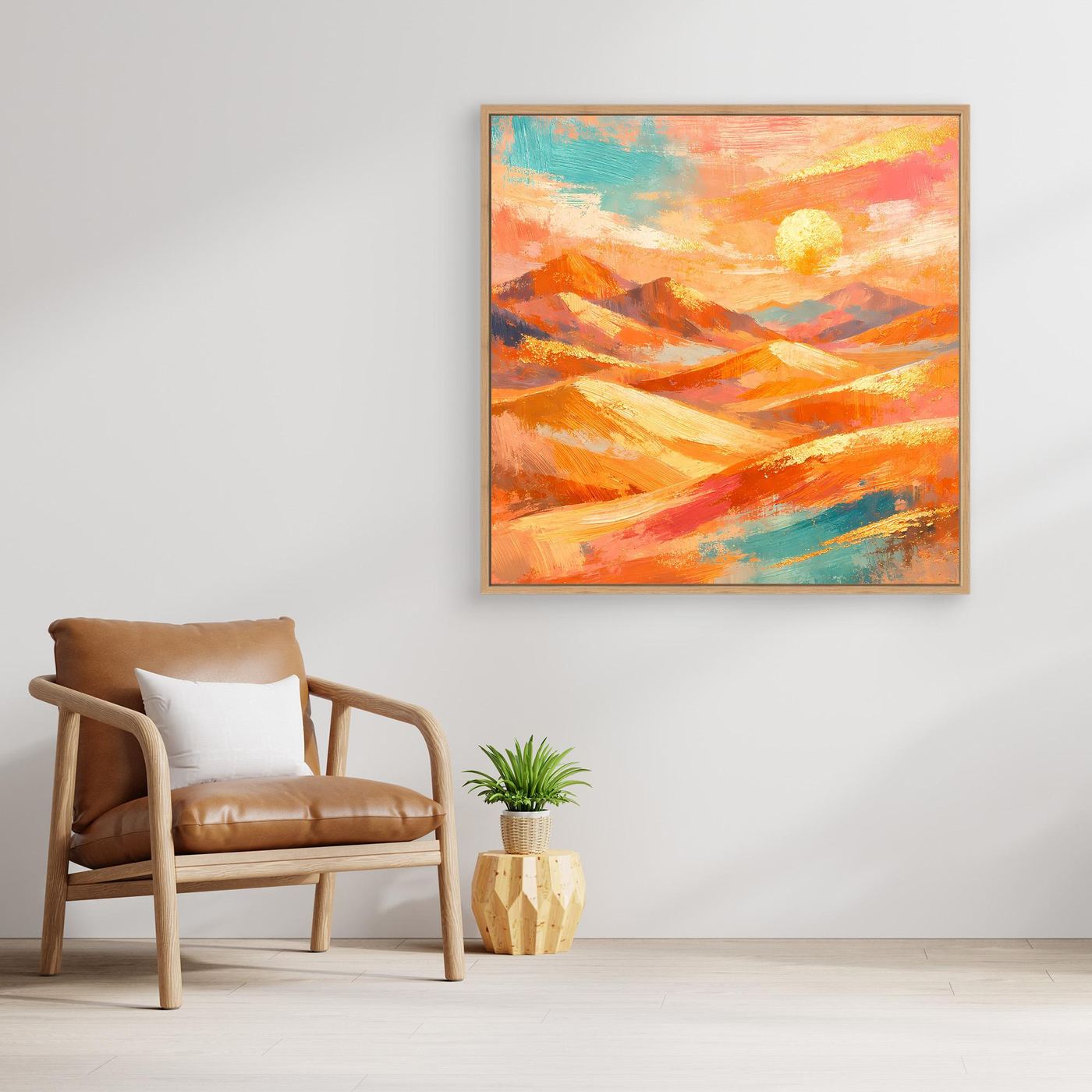 Quadratisches Leinwandbild: abstrakte Berge und Wüste in Orange-, Türkis- und Gelbtönen