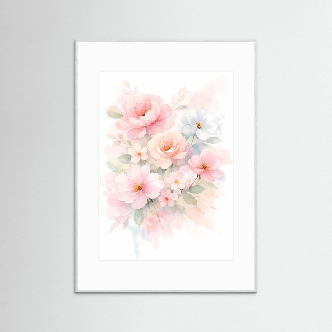 Gerahmtes Blumenposter im Aquarellstil mit rosa Blüten und weißem Passepartout