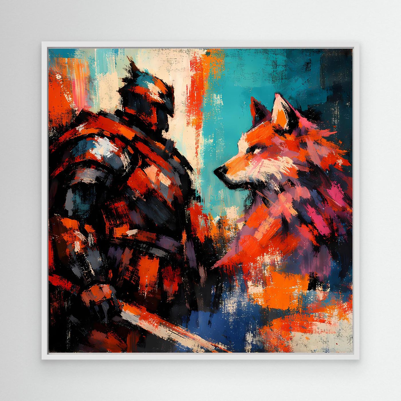 Abstraktes Leinwand-Wandbild mit weißem Rahmen: Kriegerfigur und Wolf, buntes Farbspiel