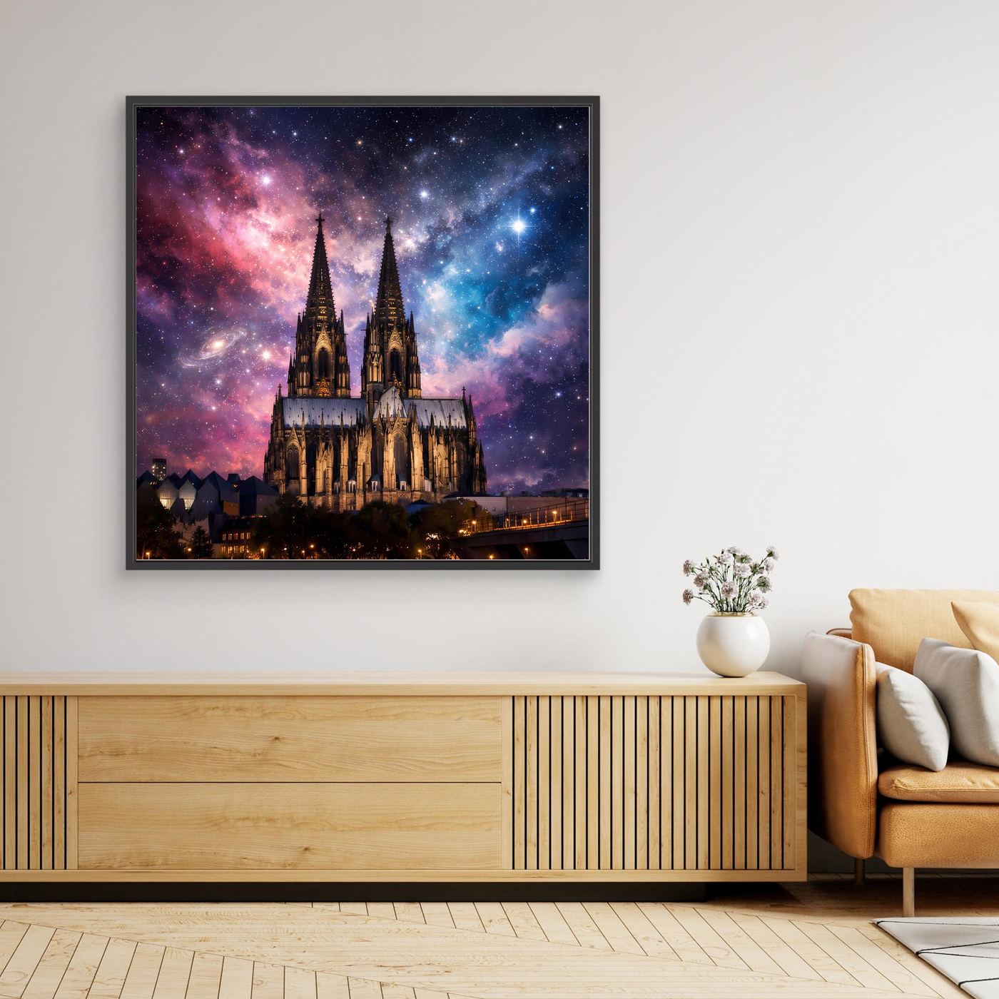 Leinwand Kosmischer Kölner Dom bei Nacht | Abstraktes Galaxie Wandbild