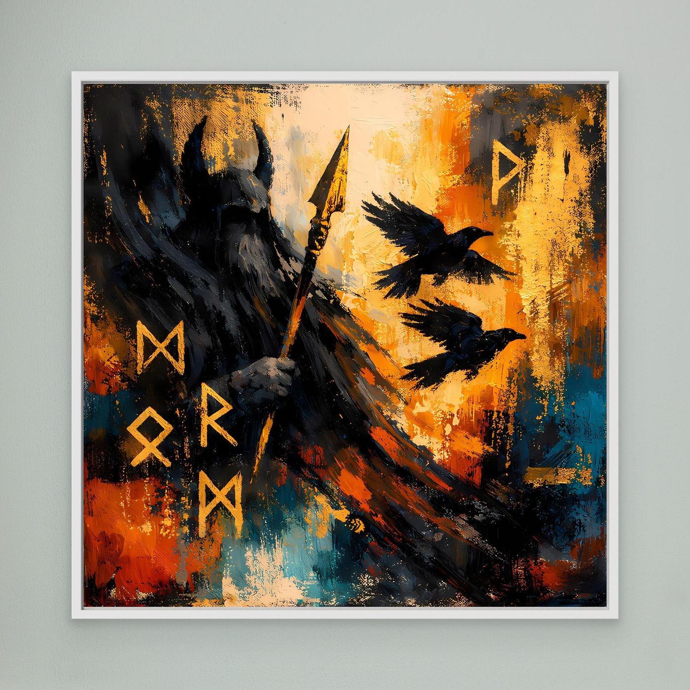 Abstraktes Wandbild: Odin-Silhouette mit Speer und Runen, weißer Rahmen