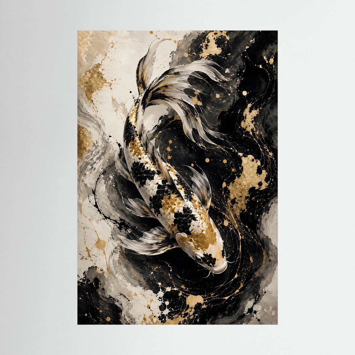 Koi-Wandposter mit abstraktem Karpfenmotiv, schwarz-weiß-gold, als Hochformat