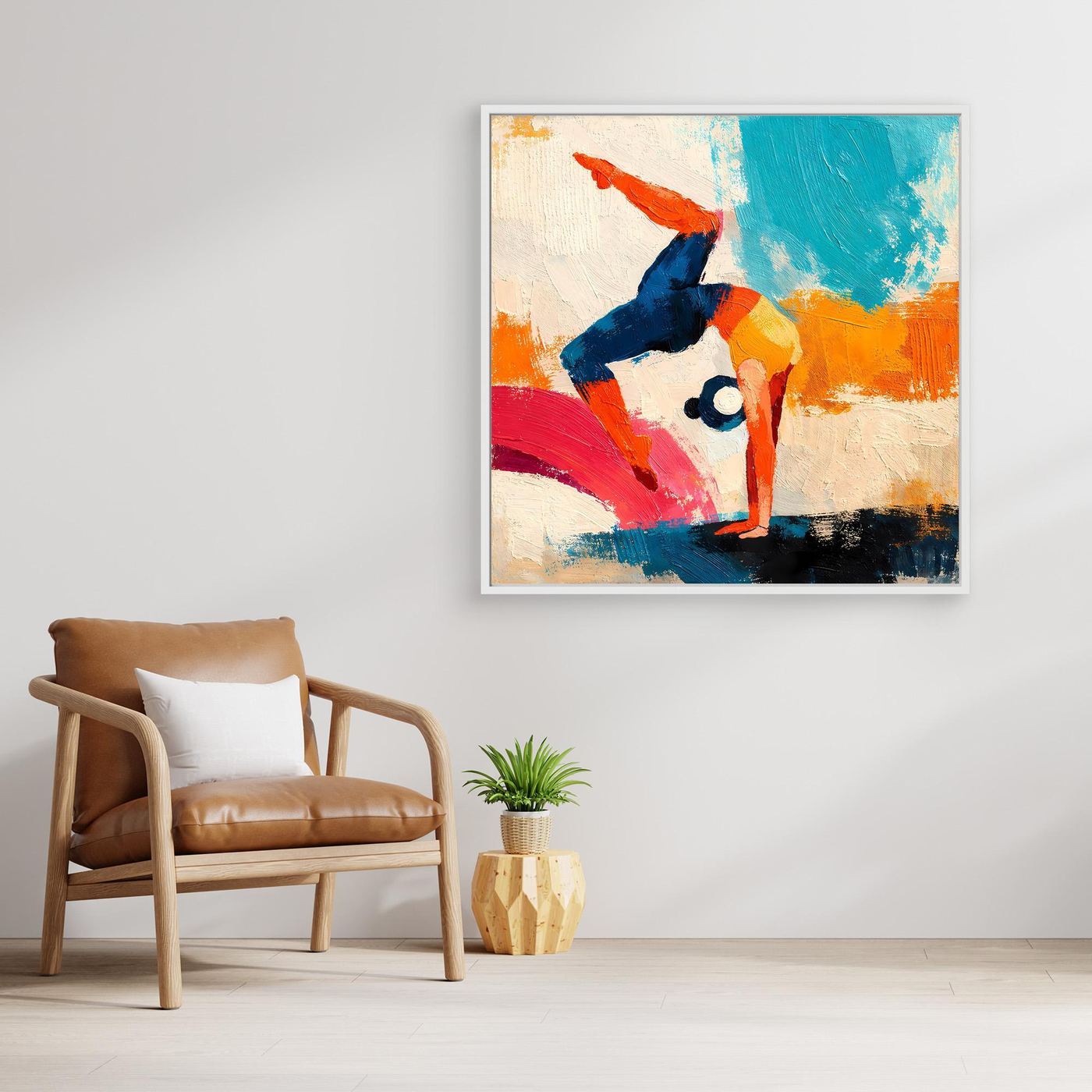 White-framed handstand yoga figure wall art with abstract multicolor brushstrokes