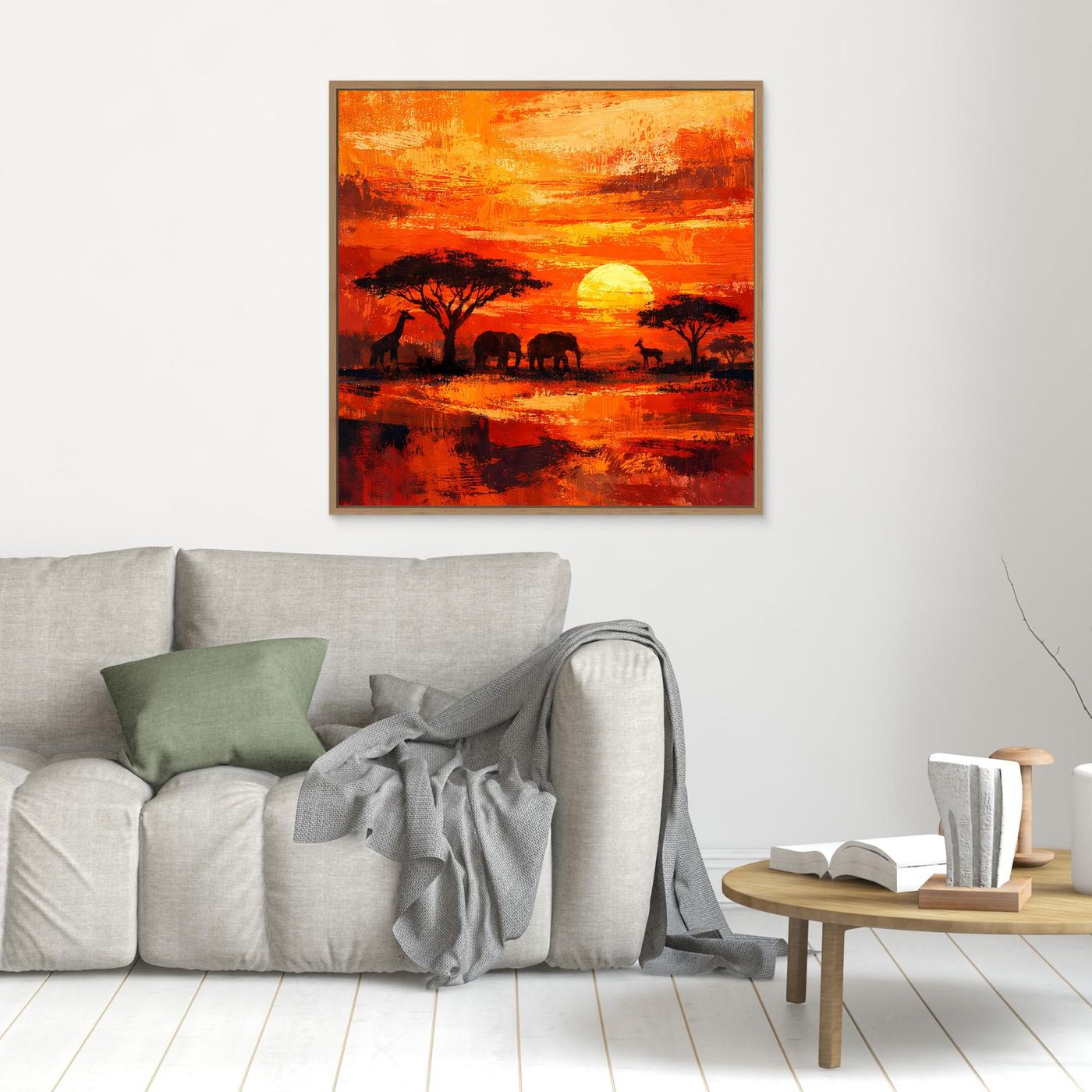 Leinwand Afrikanische Savanne bei Sonnenuntergang | Modernes Elefanten & Giraffen Wandbild