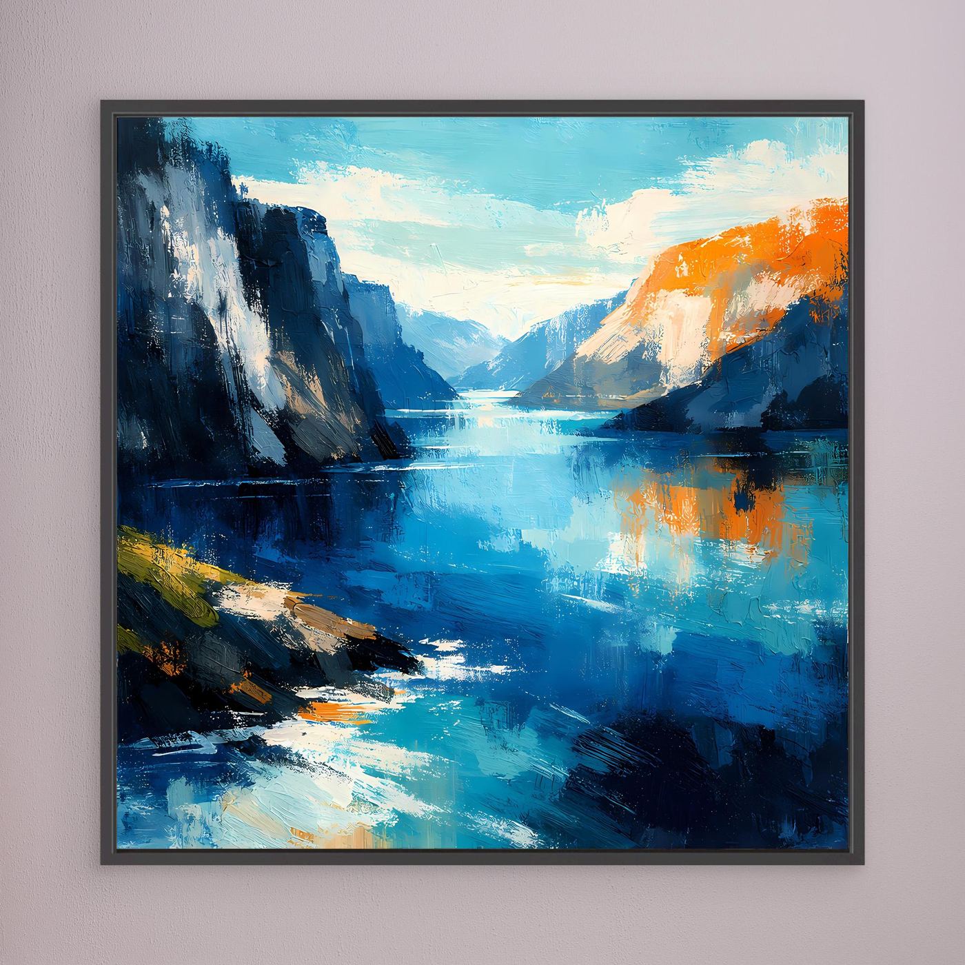 Leinwand Abstraktes Fjord Gemälde | Modernes Norwegisches Wandbild Blau Orange