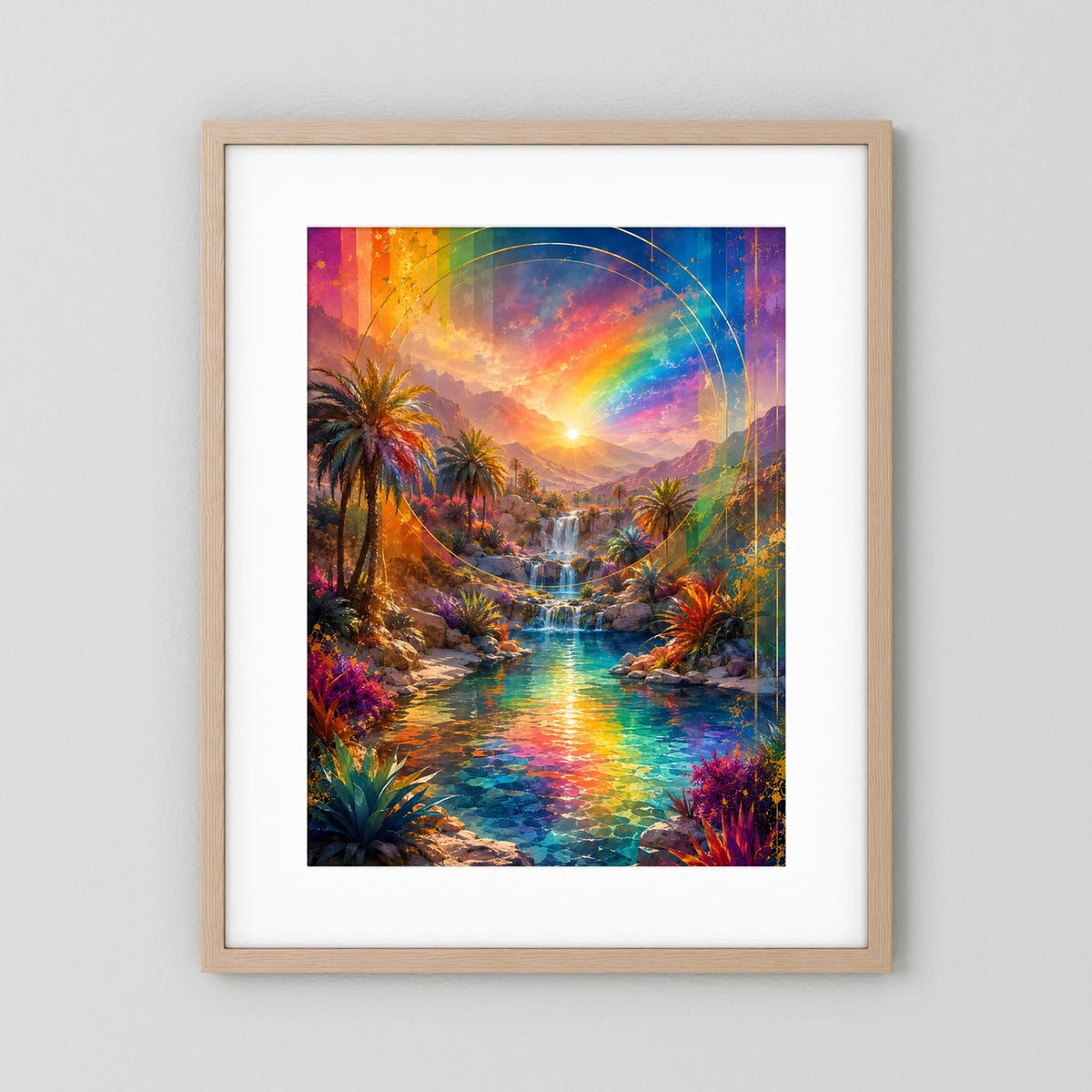Hochformat-Poster mit Regenbogen, Palmen und Wasserfall, heller Holzrahmen mit weißem Rand
