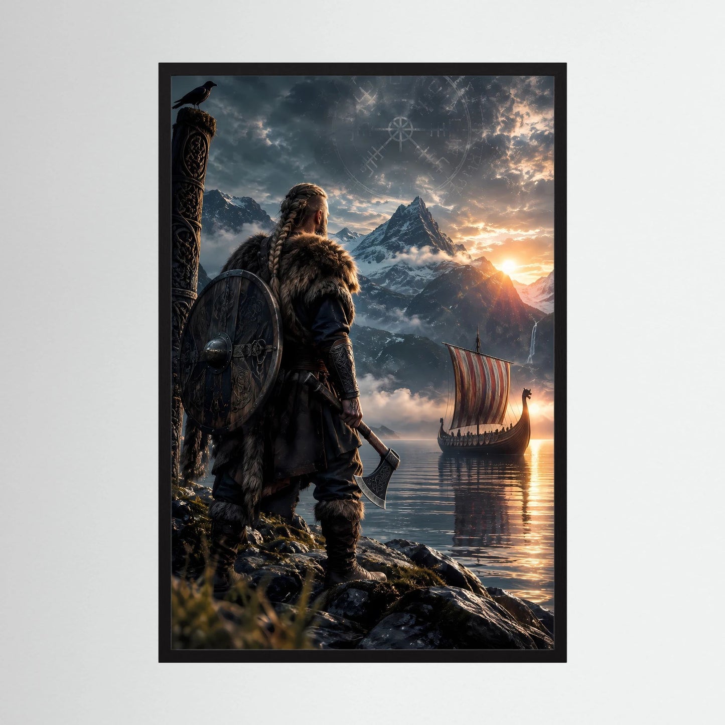 Fantasy-Poster Hochformat mit schwarzem Rahmen: Wikingerkrieger mit Schild und Wikingerschiff