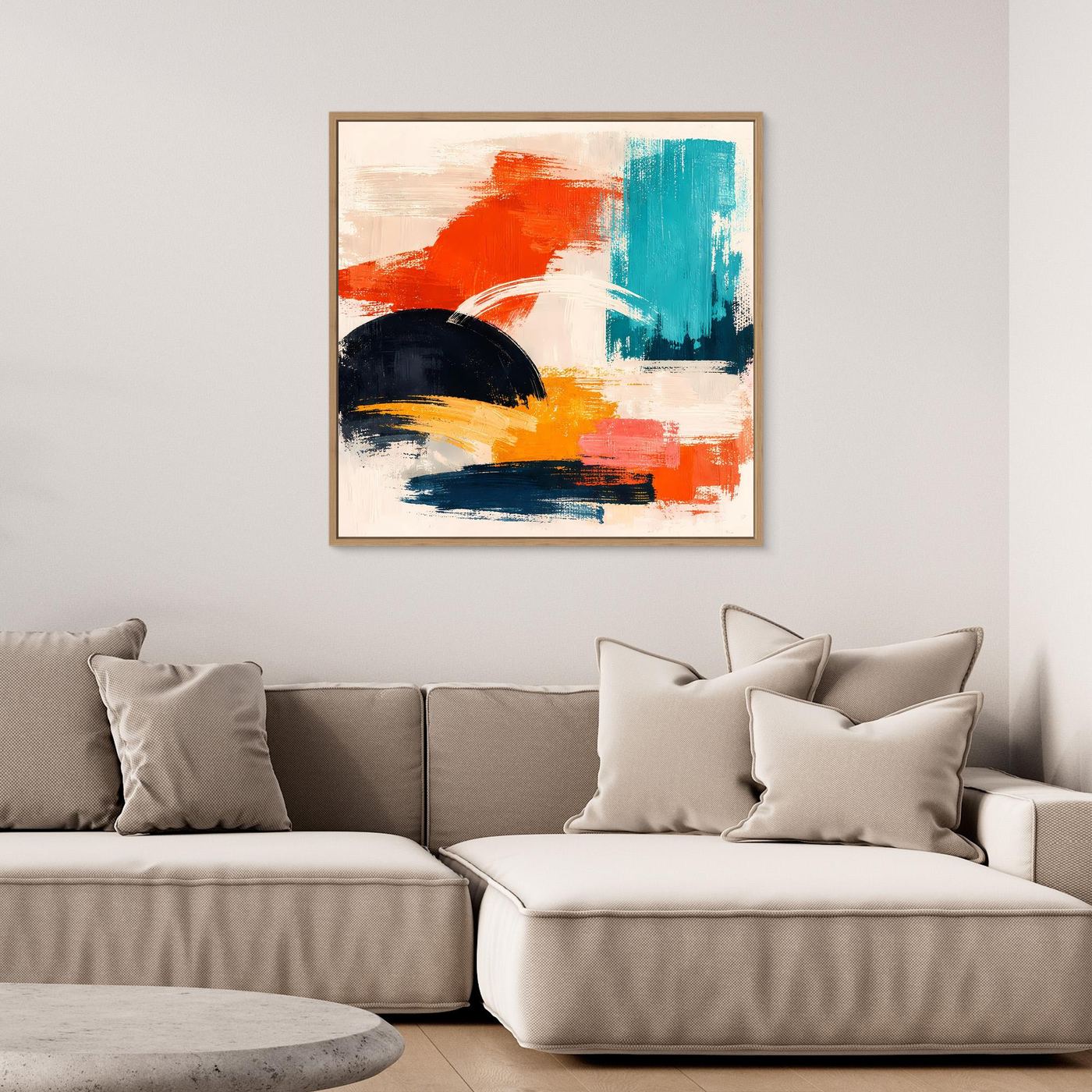 Abstraktes Leinwandbild mit hellem Holzrahmen und Pinselstrichen in Rot, Blau, Gelb, Schwarz