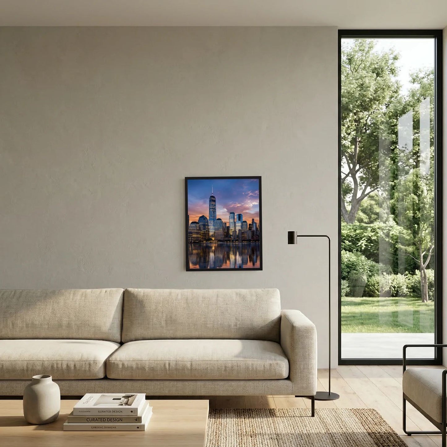 Hochformat-Poster Manhattan-Skyline bei Sonnenuntergang im schwarzen Rahmen