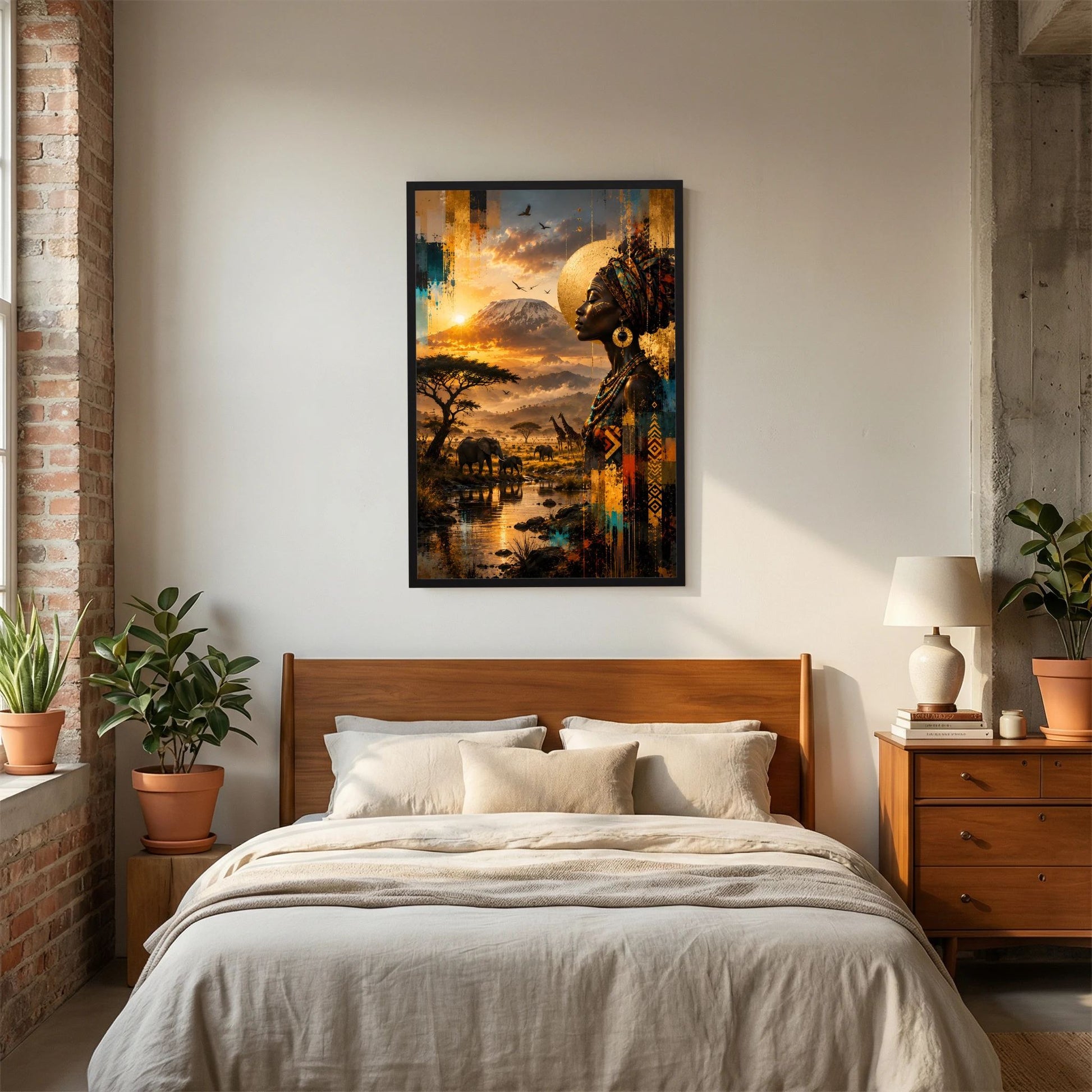 Kunstposter mit Porträt einer afrikanischen Frau im Profil, Sonnenuntergang über der Savanne